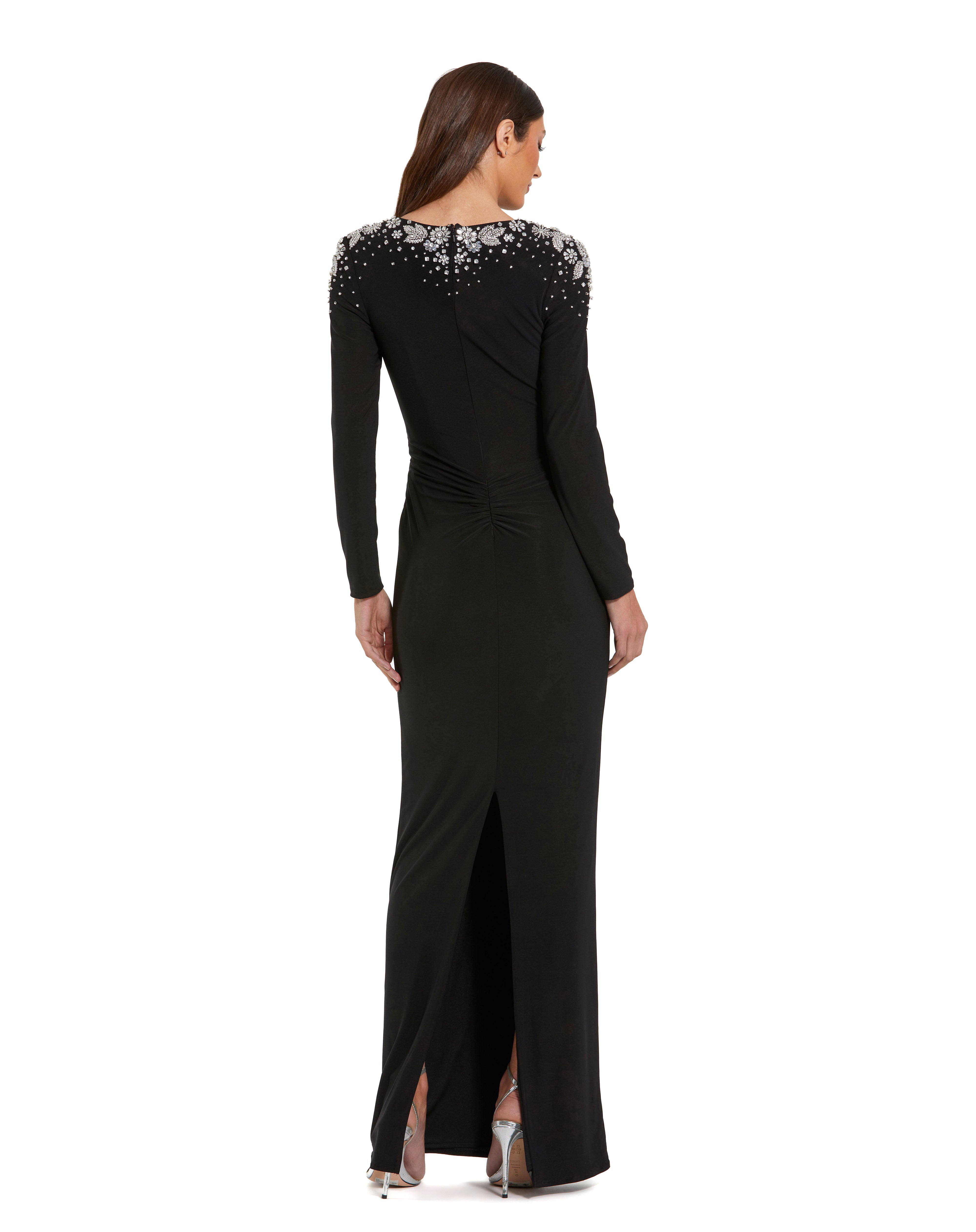 Jersey V Neck Faux Knot Gown With Beaded Shoulders