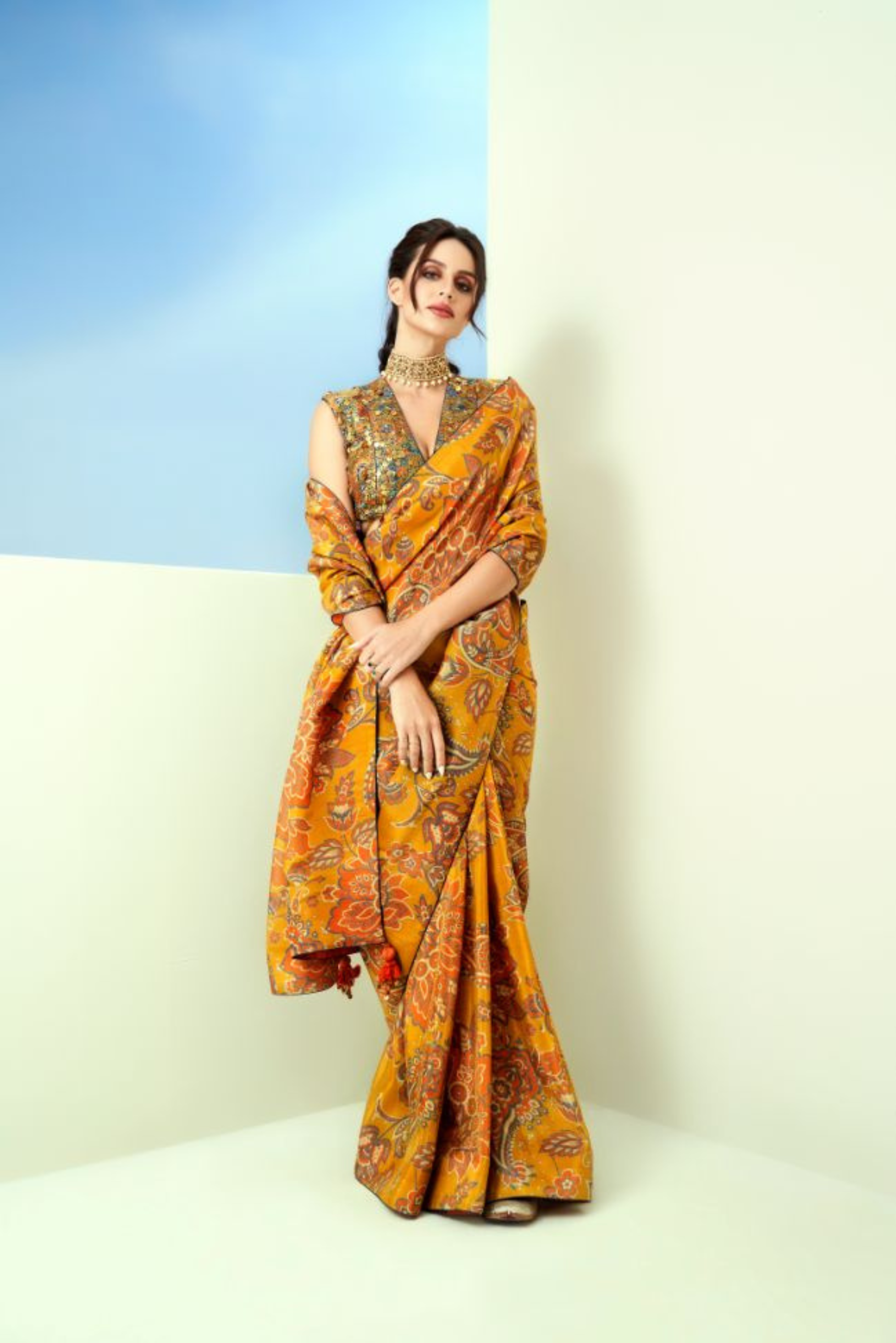 Gota Embellished Art Kota Tissue Saree in Yellow : SJN7628