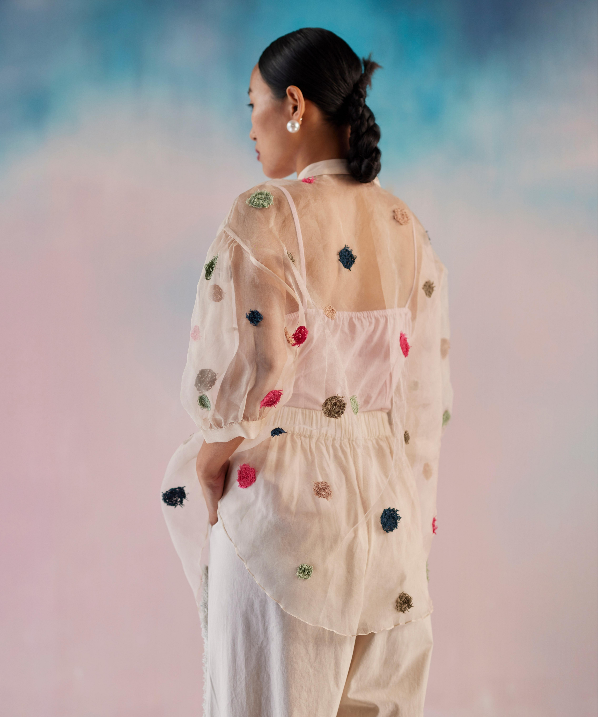 Organza Multicolor Moss Emb Dots Shirt With Inner