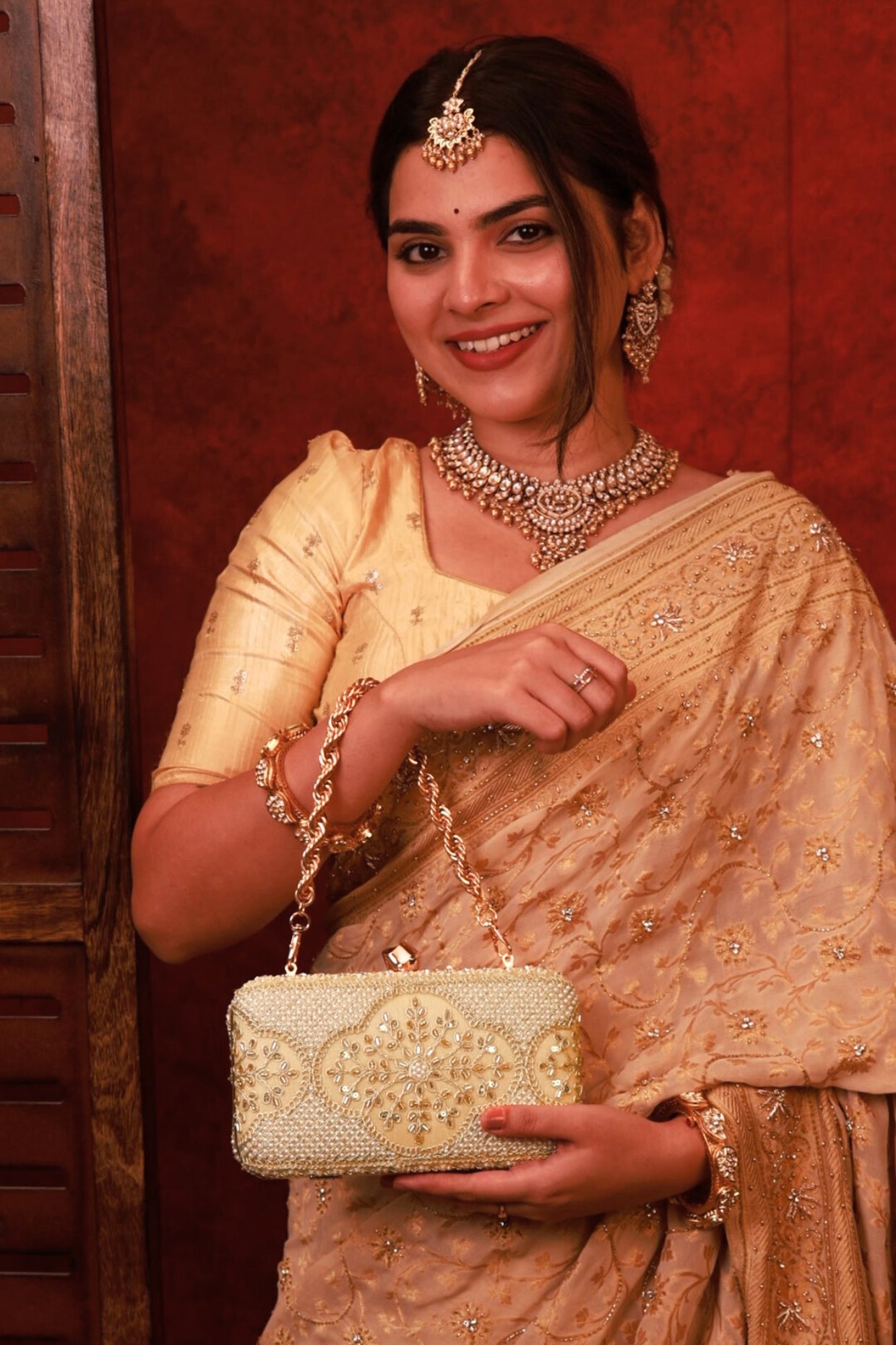 Sehra Pearl Embroidered Clutch - Beige