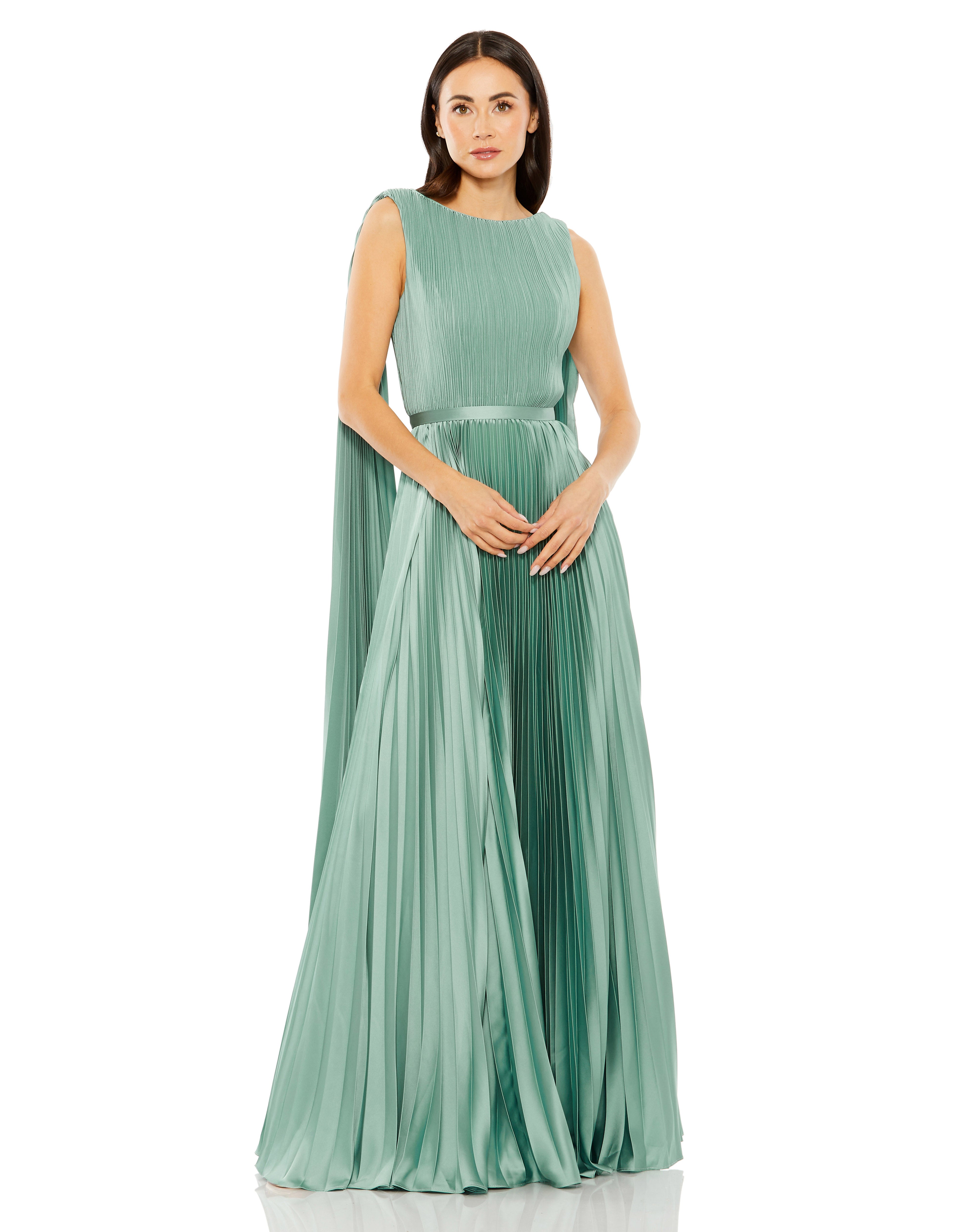 Sleeveless High Neck Cape Back Heat Pleated Gown