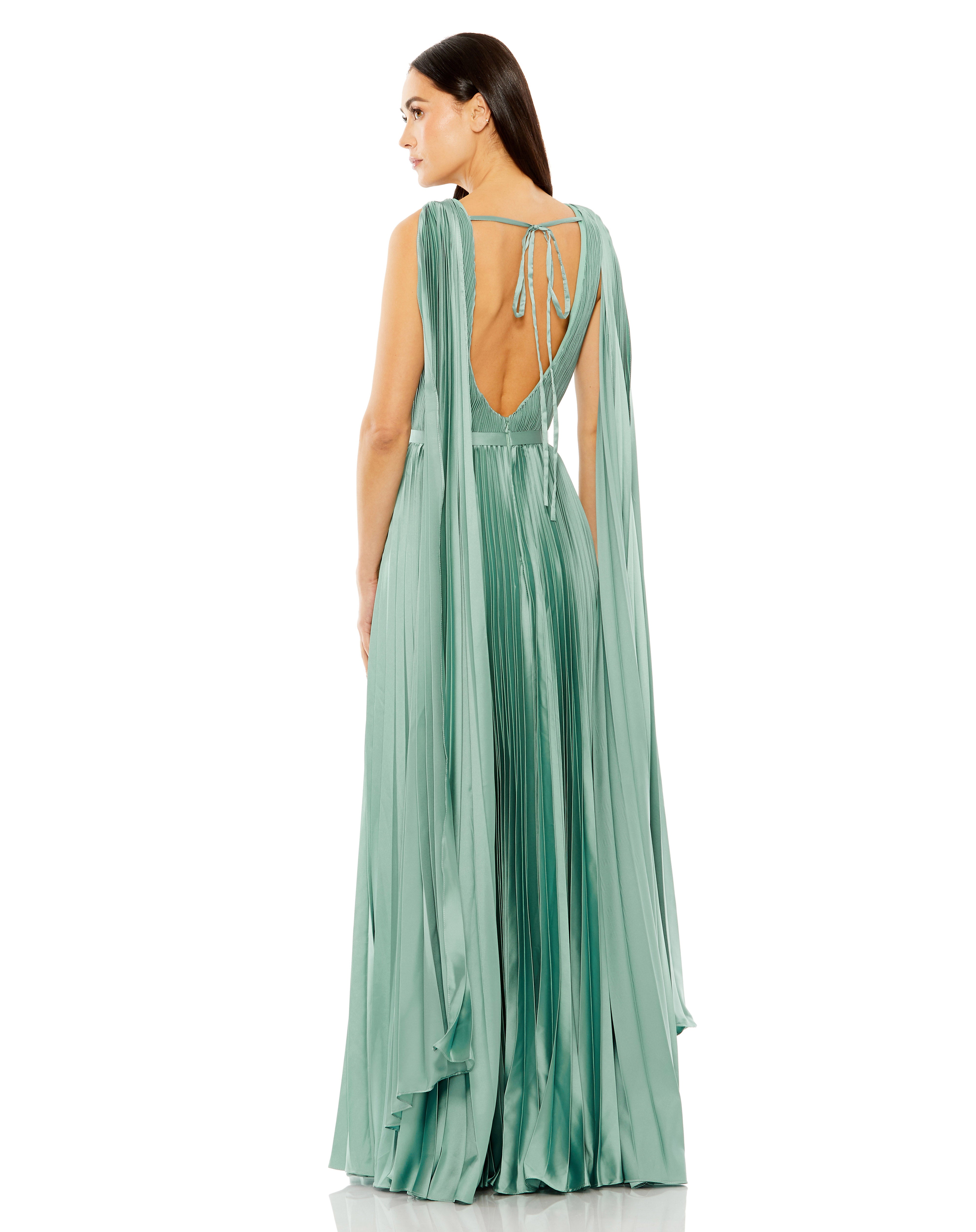 Sleeveless High Neck Cape Back Heat Pleated Gown