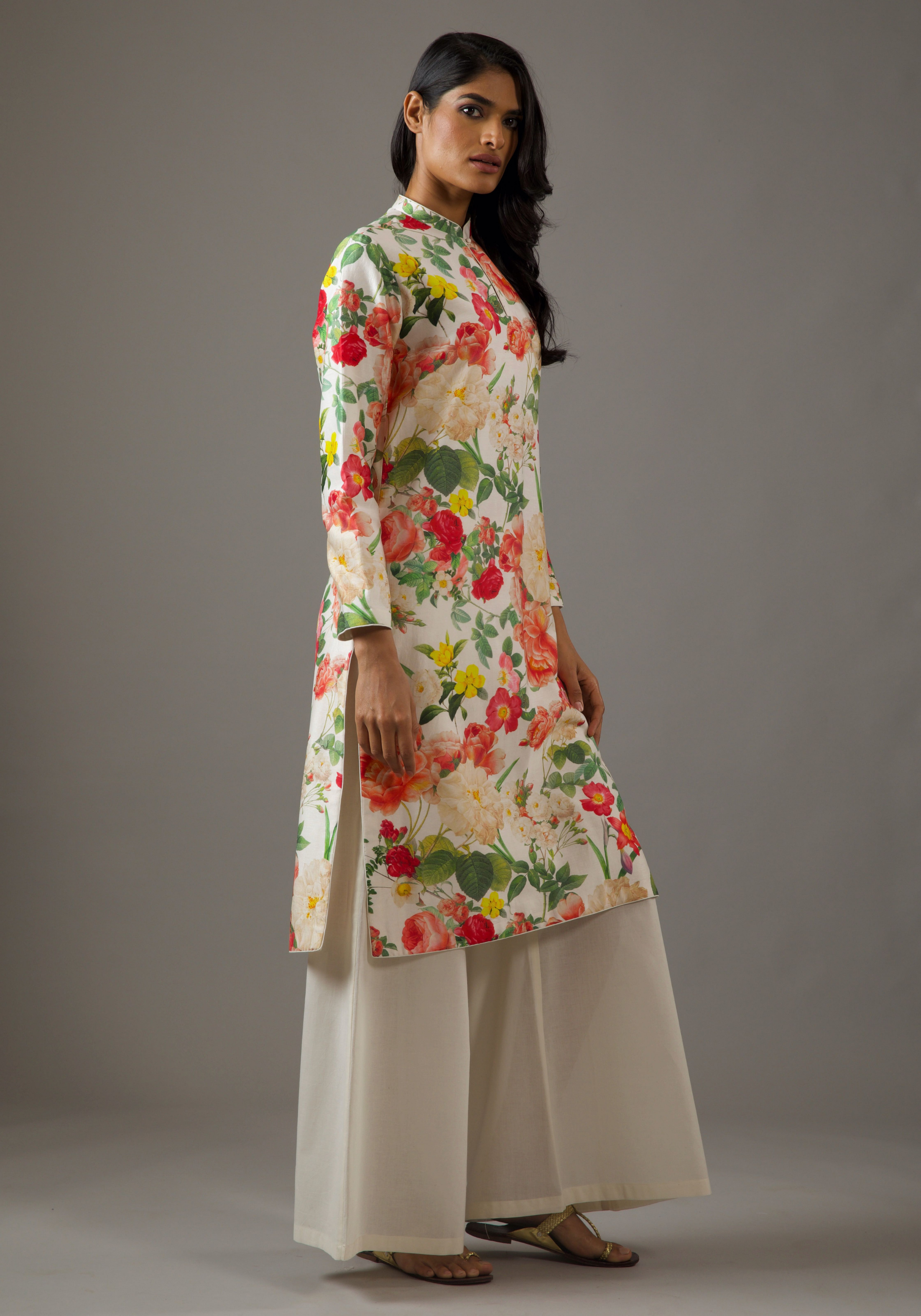 Chanderi Silk Ivory Floral Printed Tunic Set