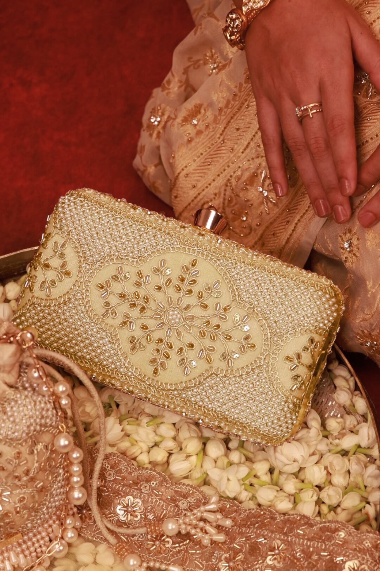 Sehra Pearl Embroidered Clutch - Beige