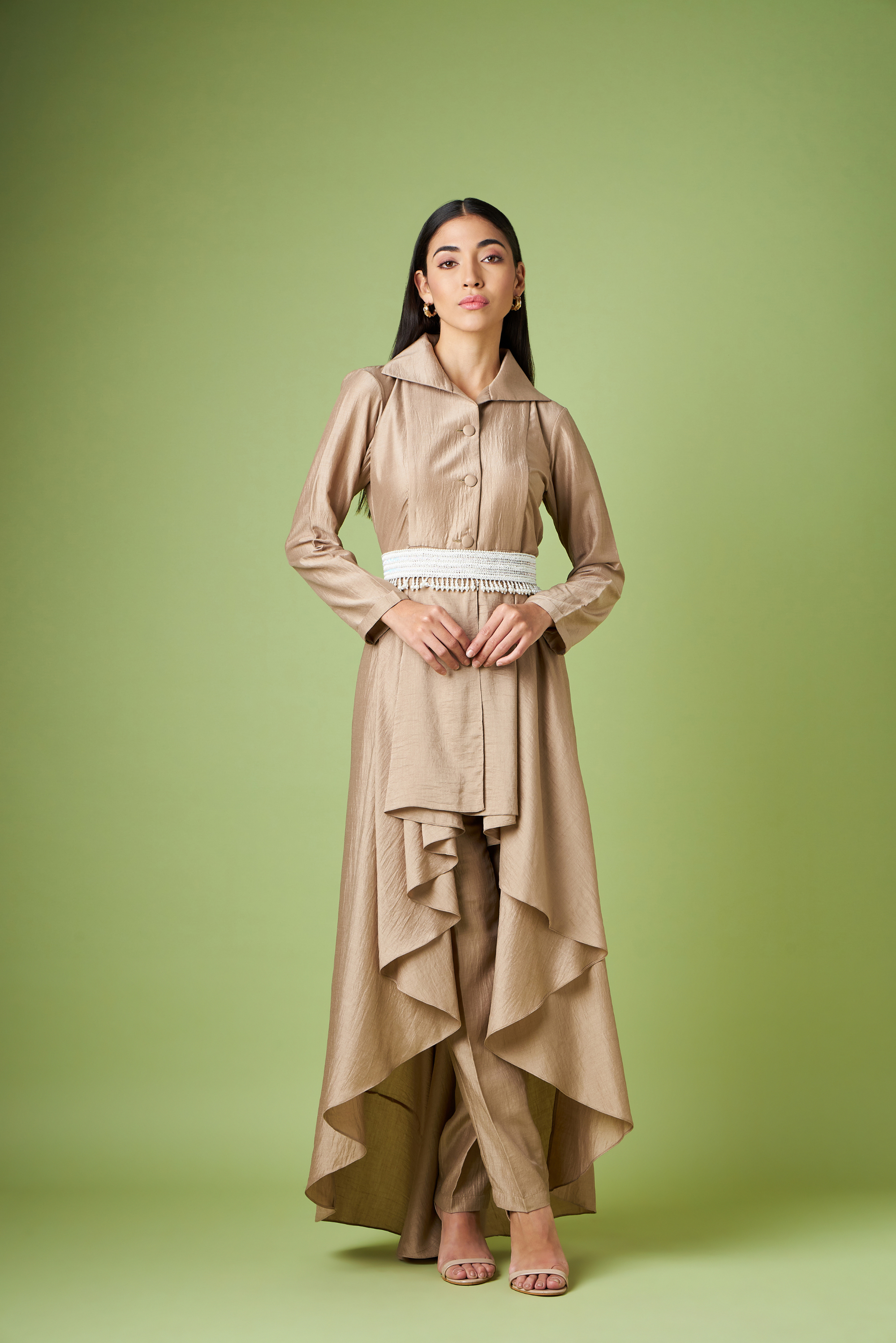 Almond  Draped Tunic Co-ord Set With  Pearl Embellished Belt
