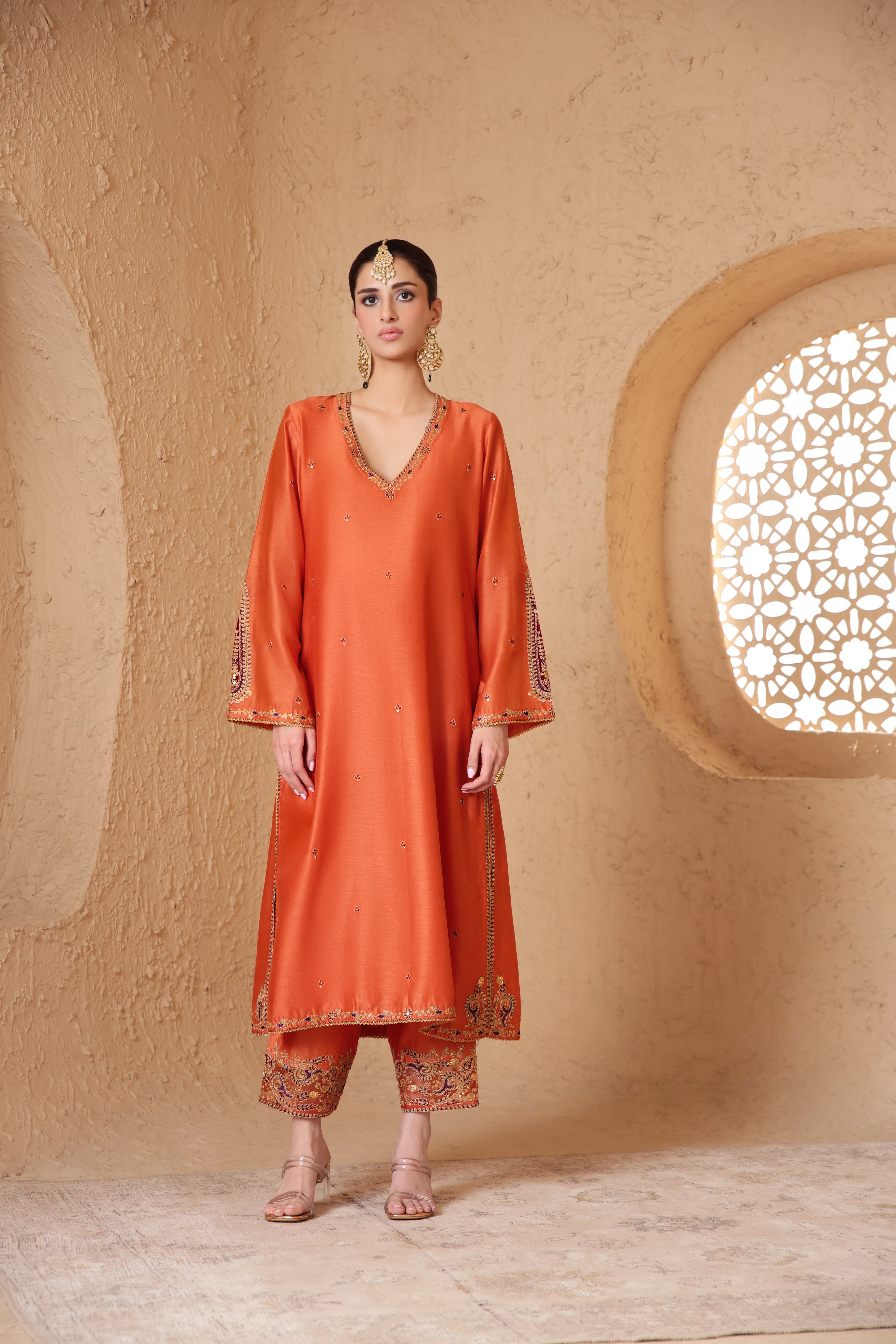 Mehrang Orange Applique Kurta Set