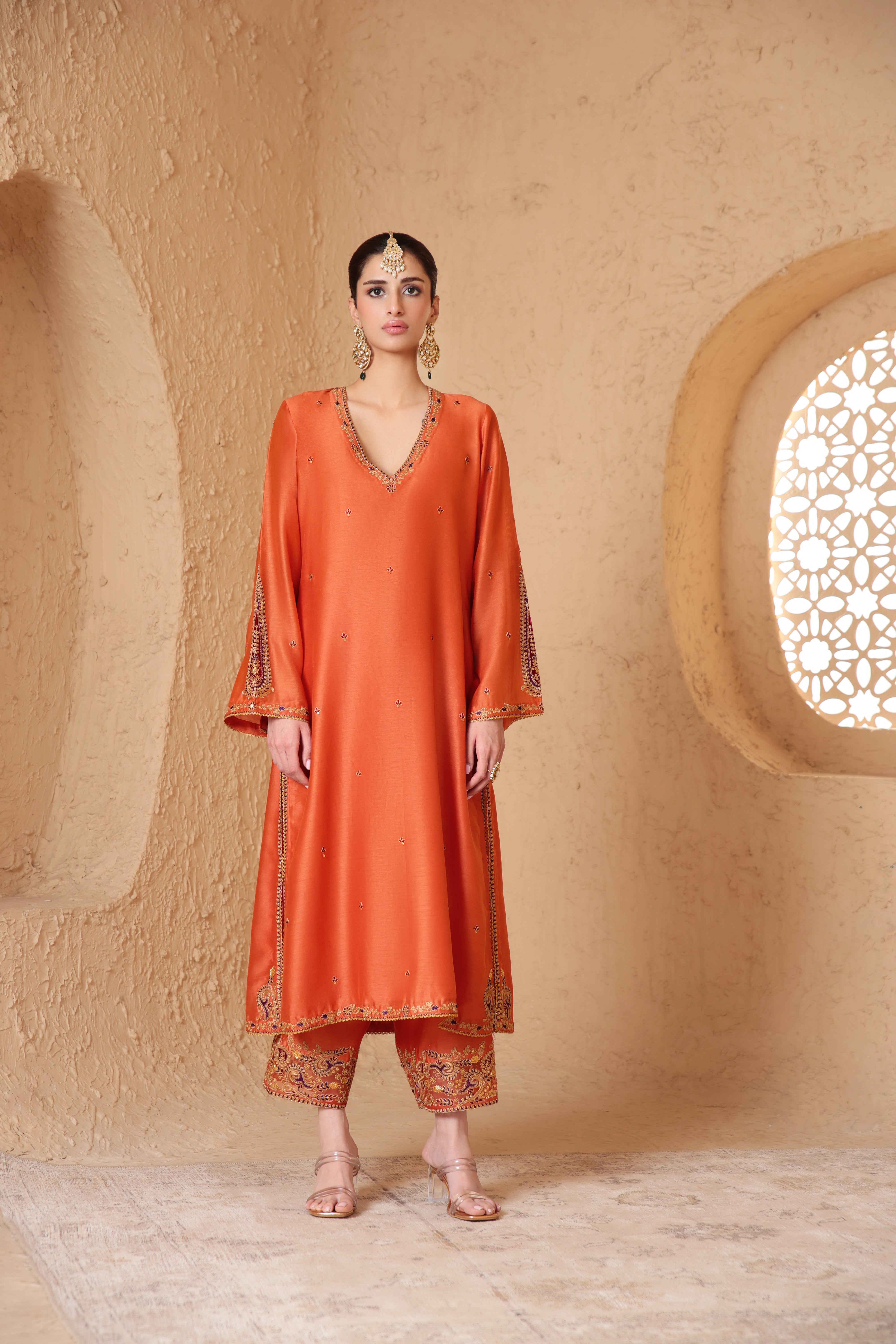 Mehrang Orange Applique Kurta Set