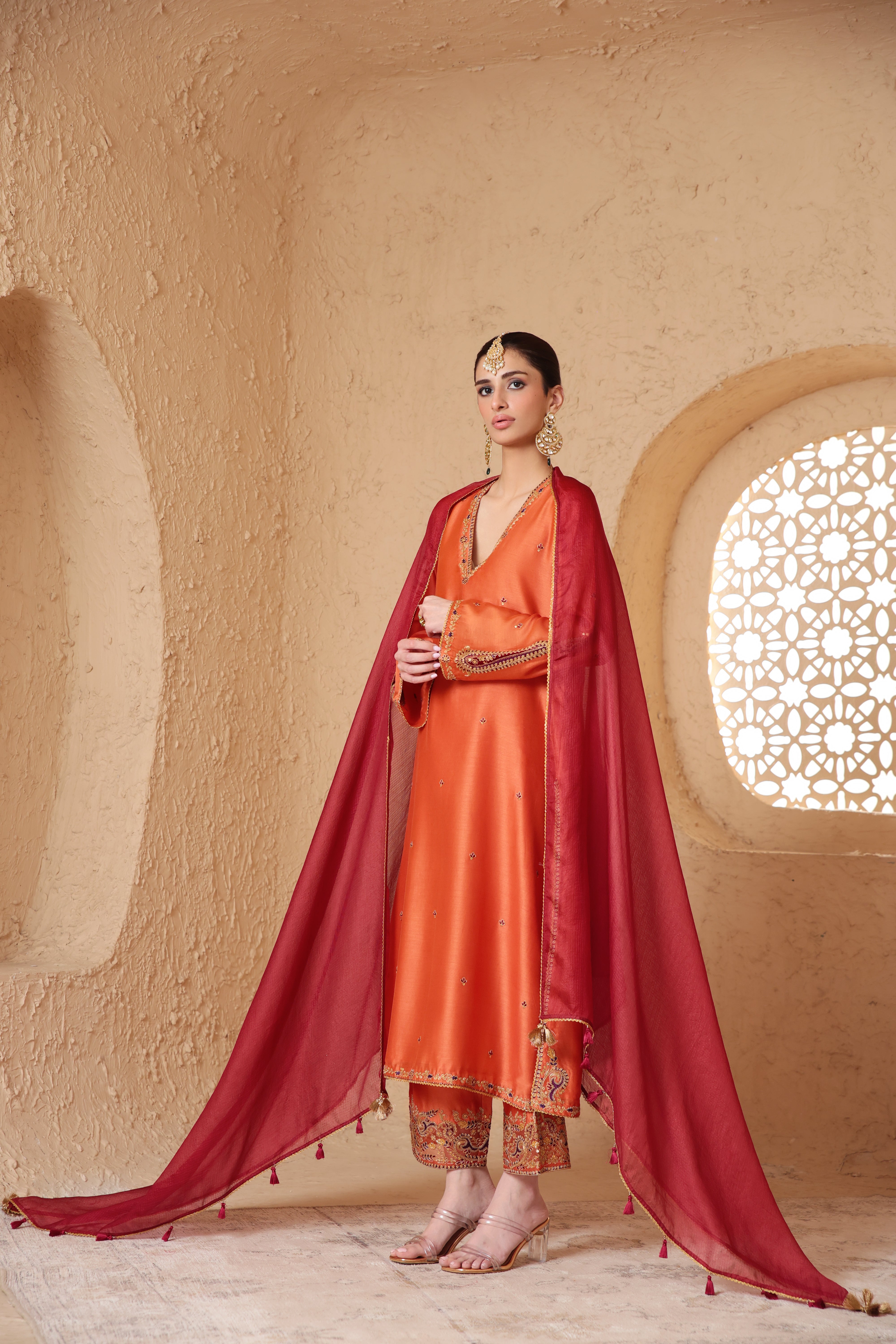 Mehrang Orange Applique Kurta Set