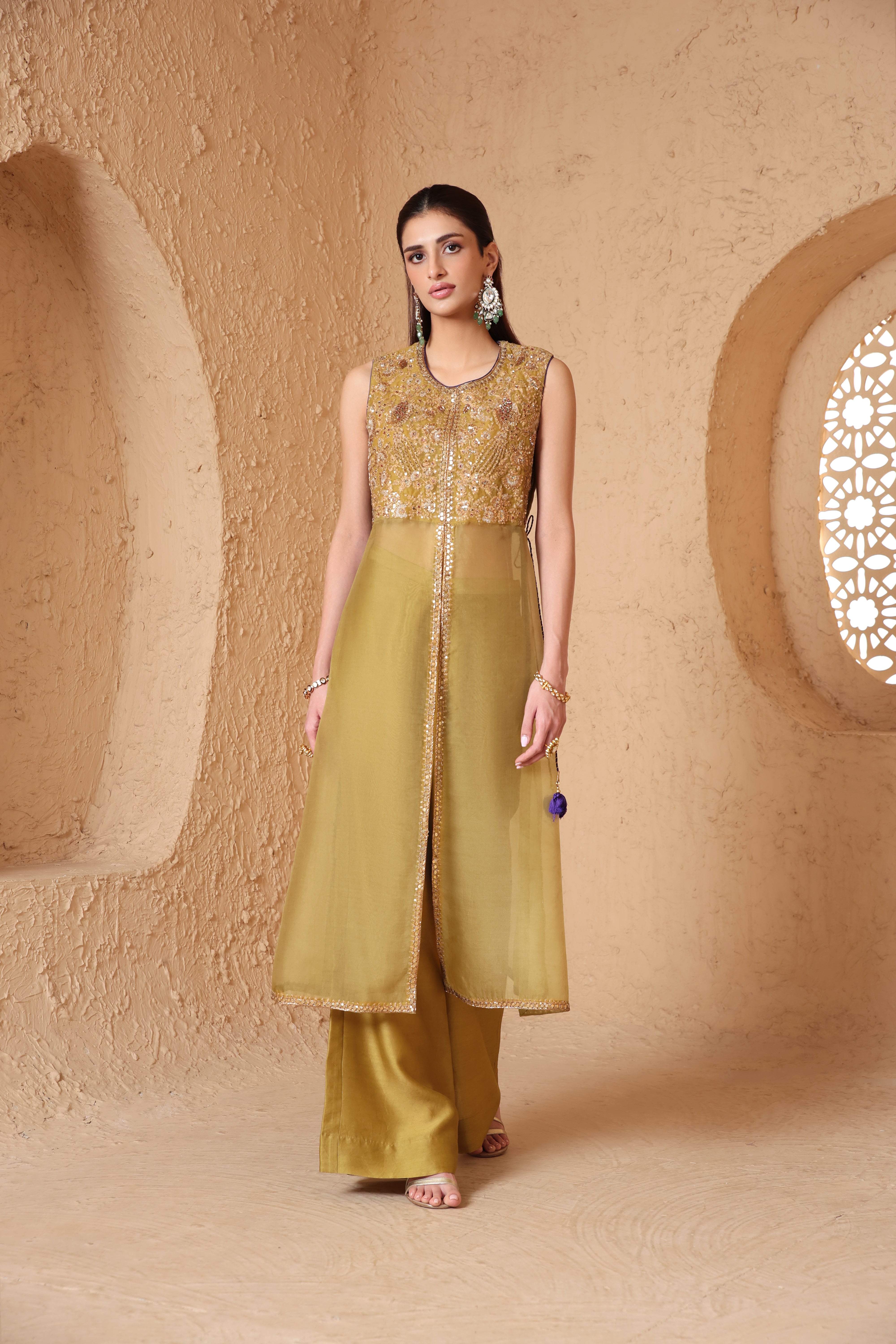 Mehrang Olive Green Tie-up Sleeveless Kurta Set