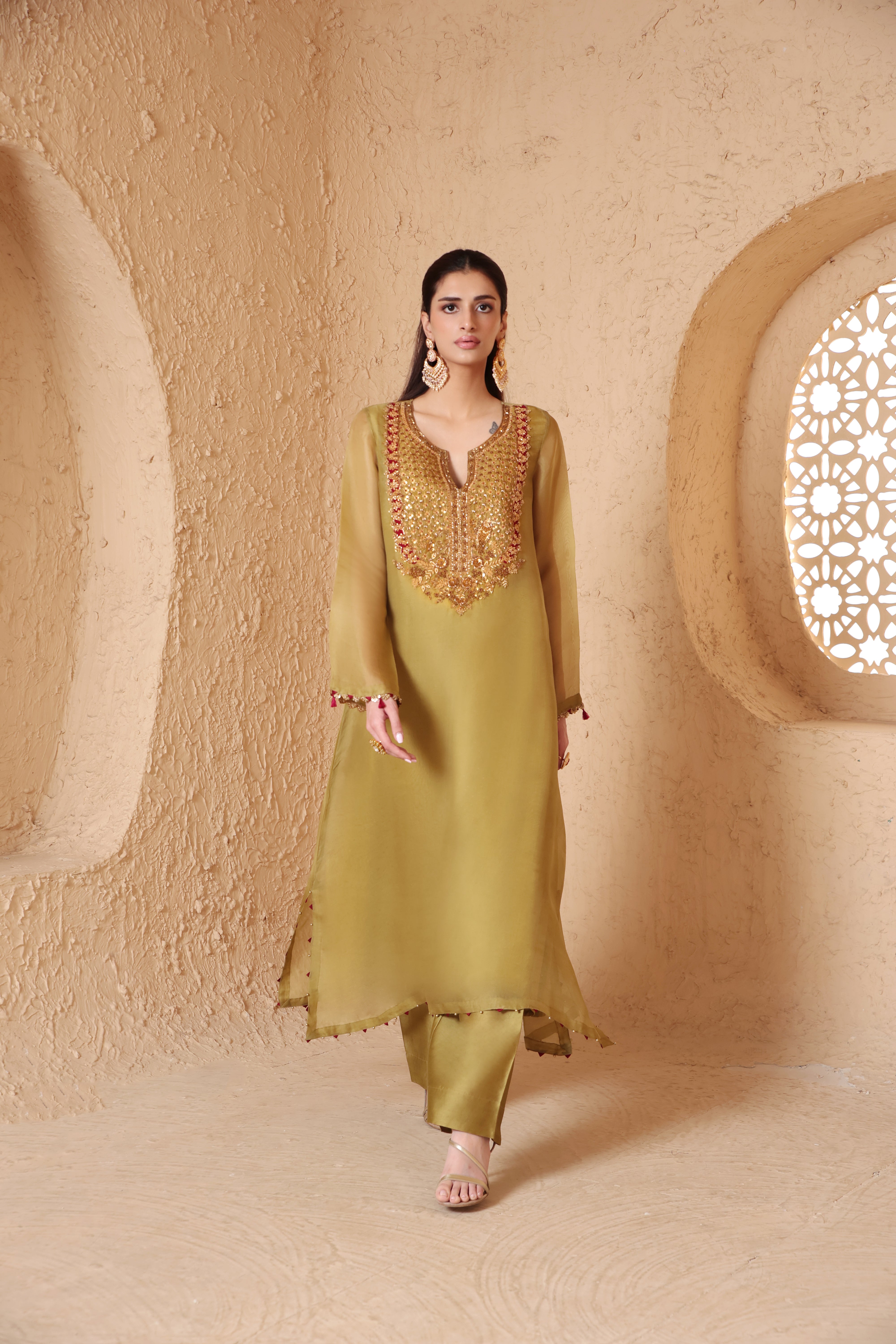 Mehrang Olive Green Heavy Neck Kurta Set
