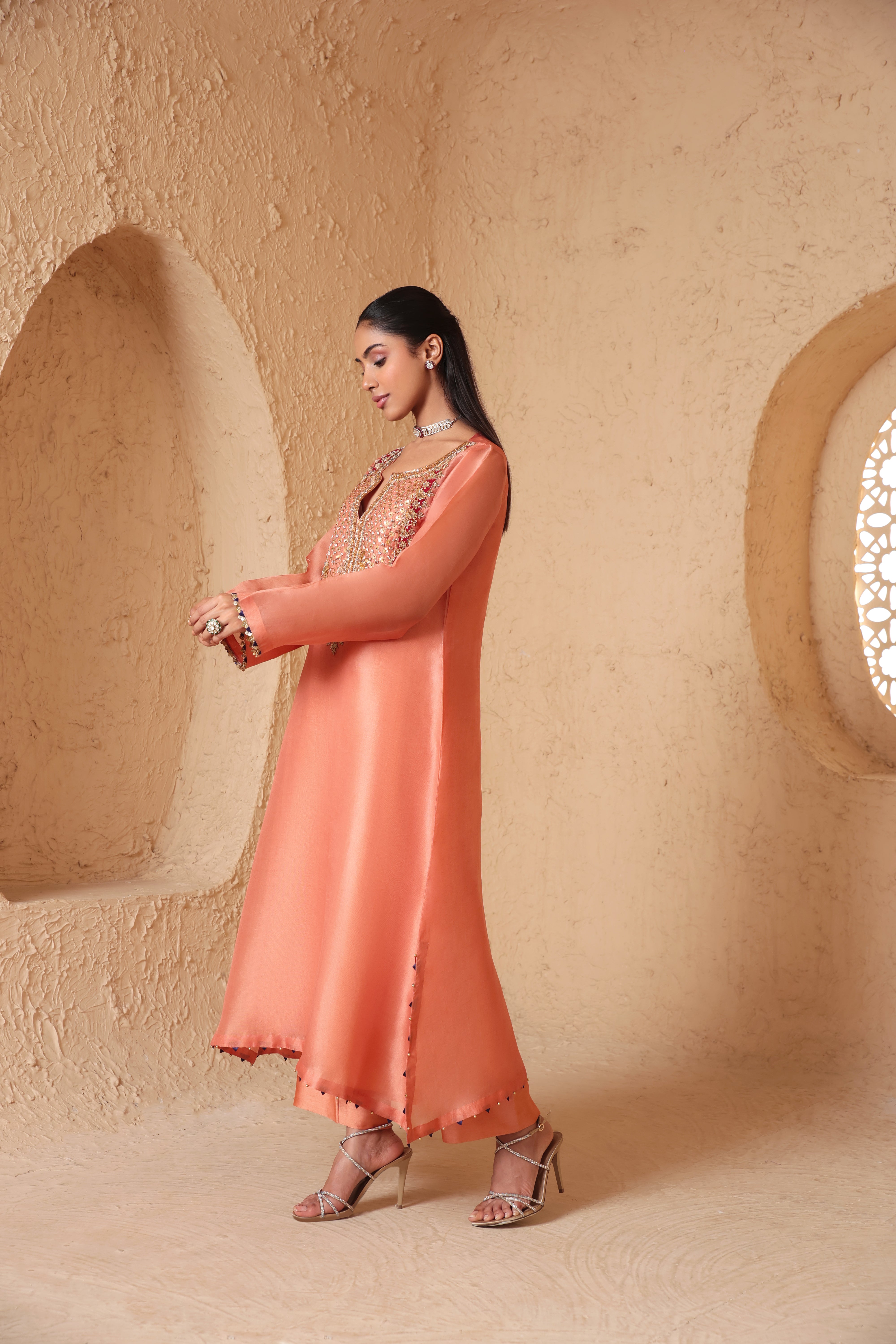Mehrang Peach Heavy Neck Kurta Set