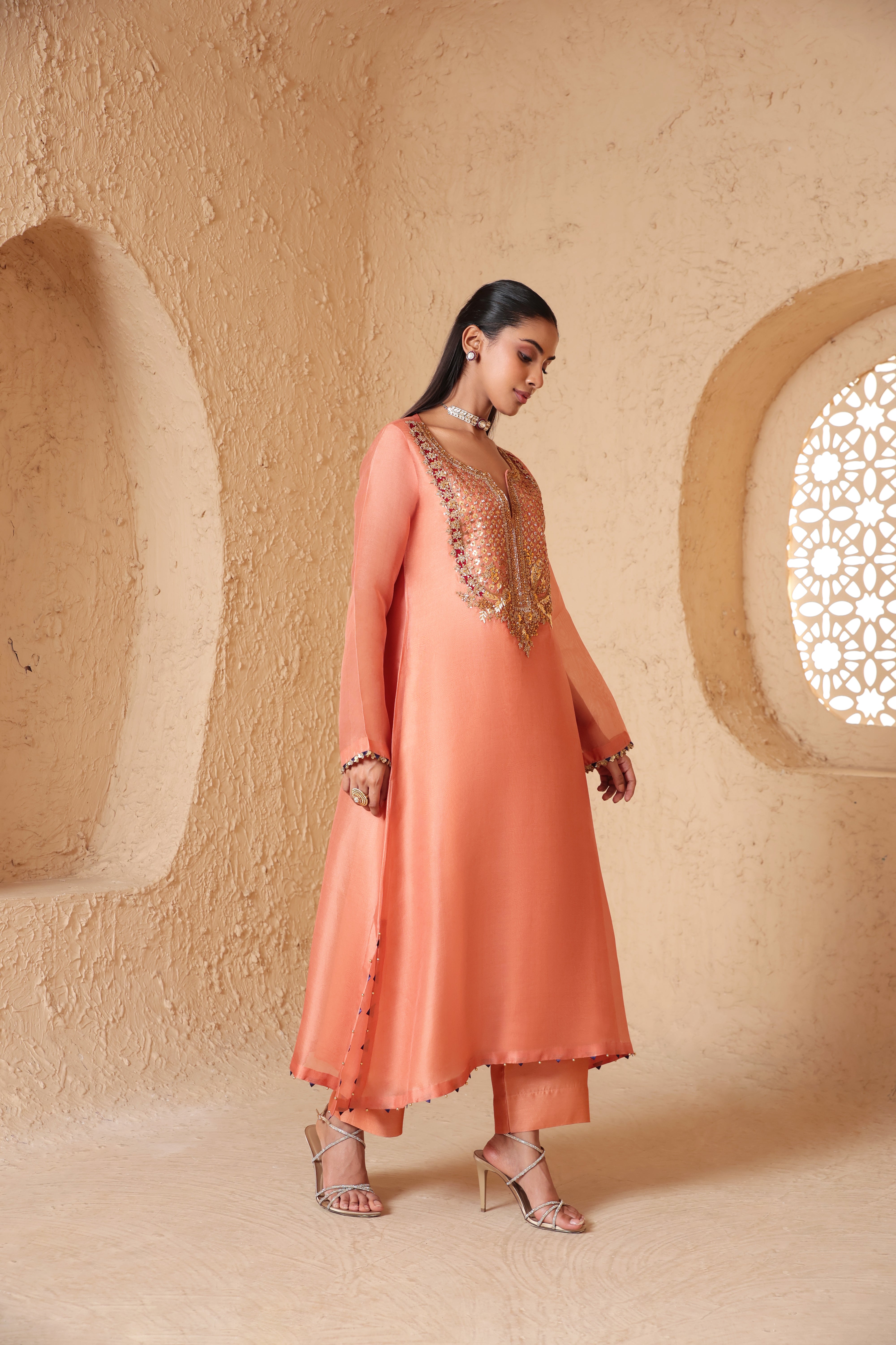 Mehrang Peach Heavy Neck Kurta Set
