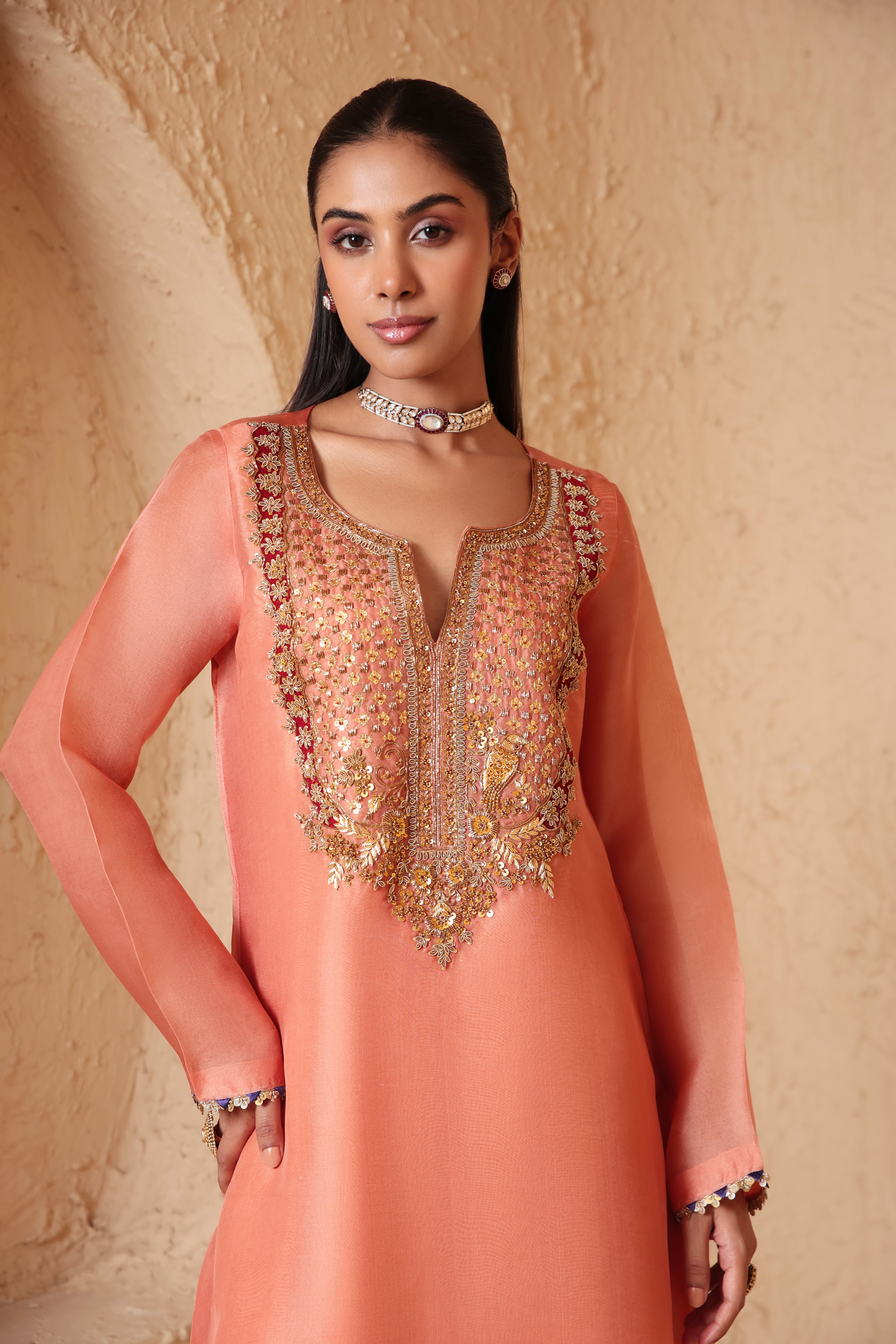 Mehrang Peach Heavy Neck Kurta Set