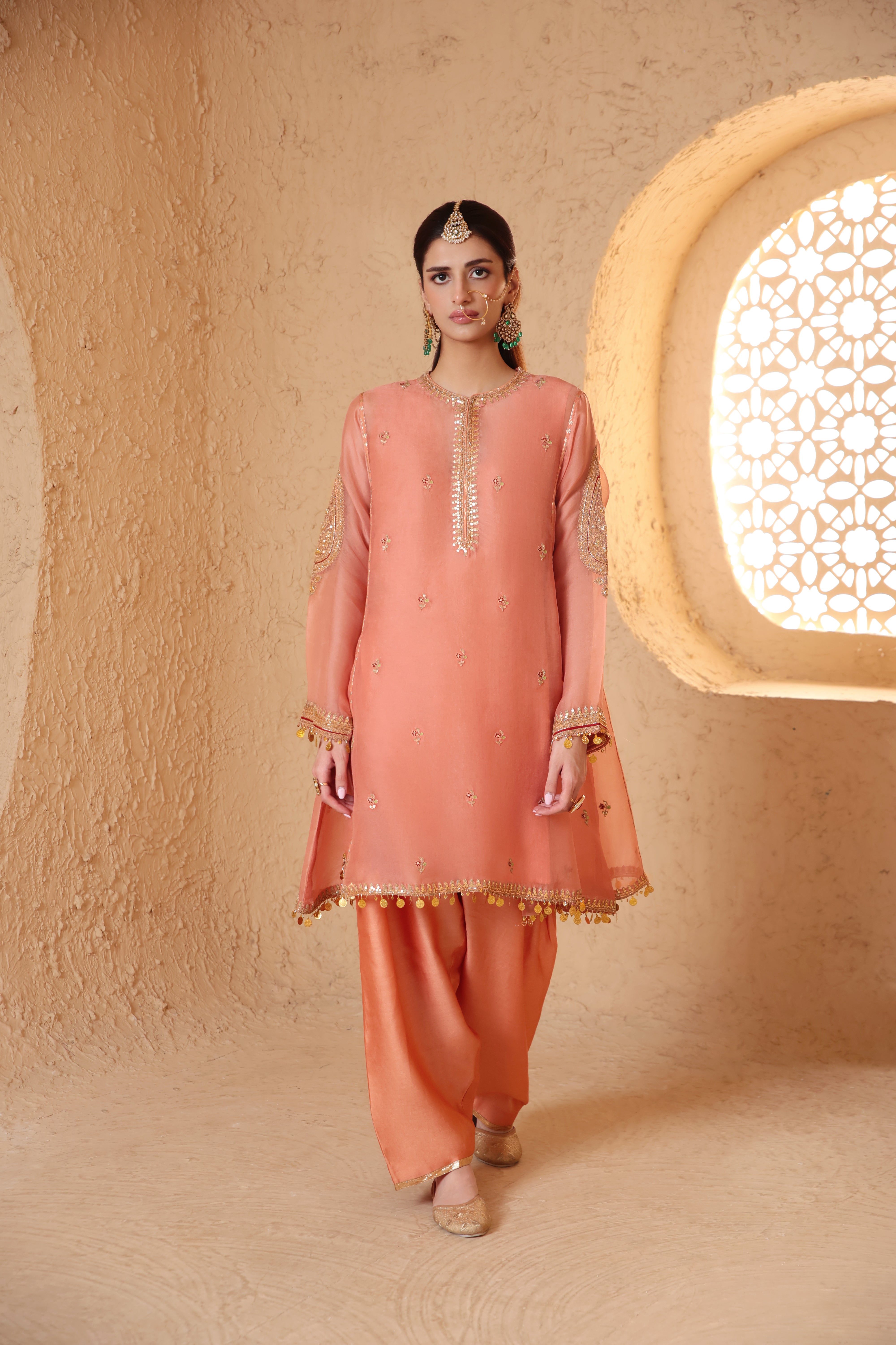 Mehrang Peach Short Pheran Kurta Set