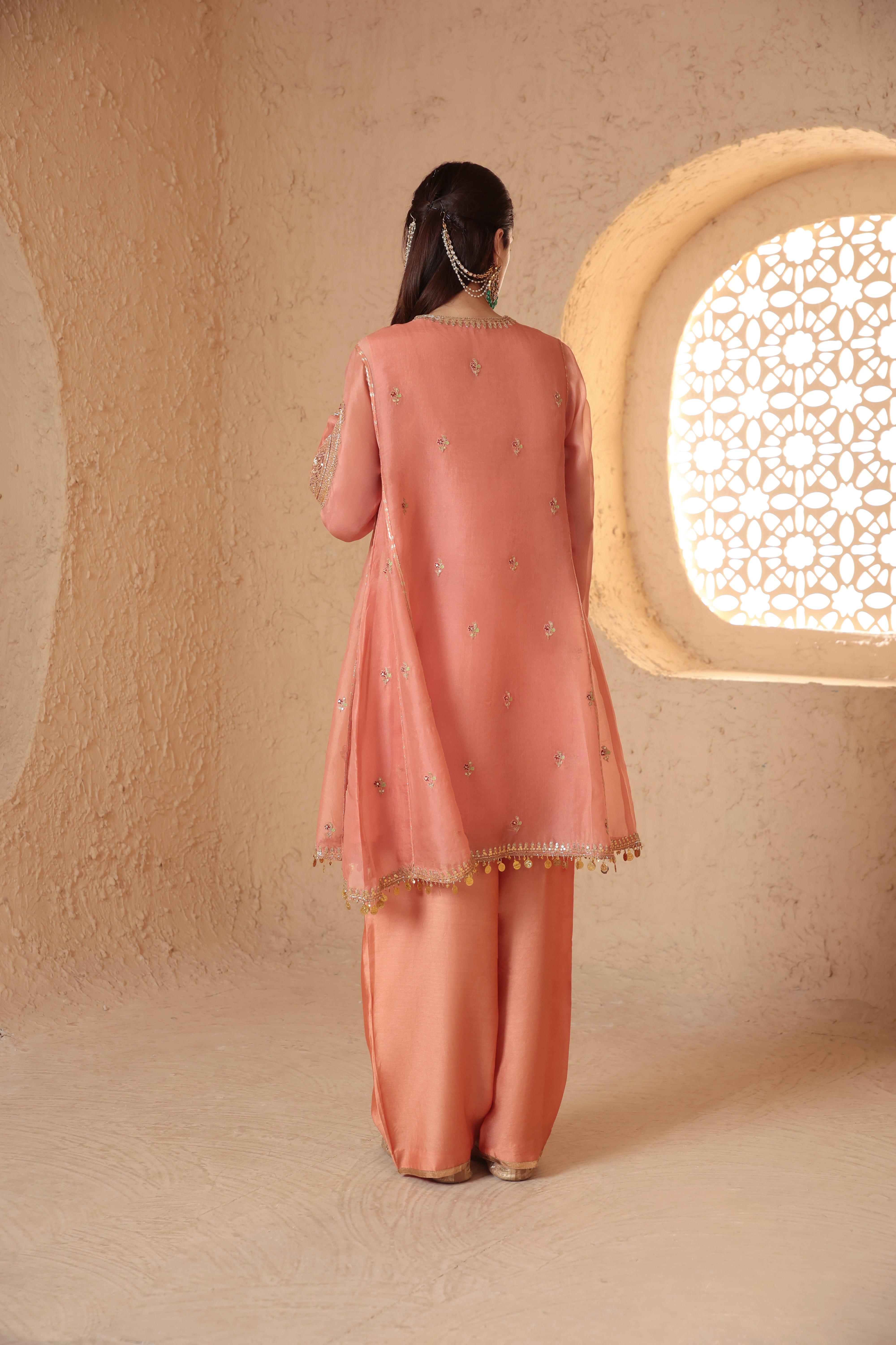 Mehrang Peach Short Pheran Kurta Set