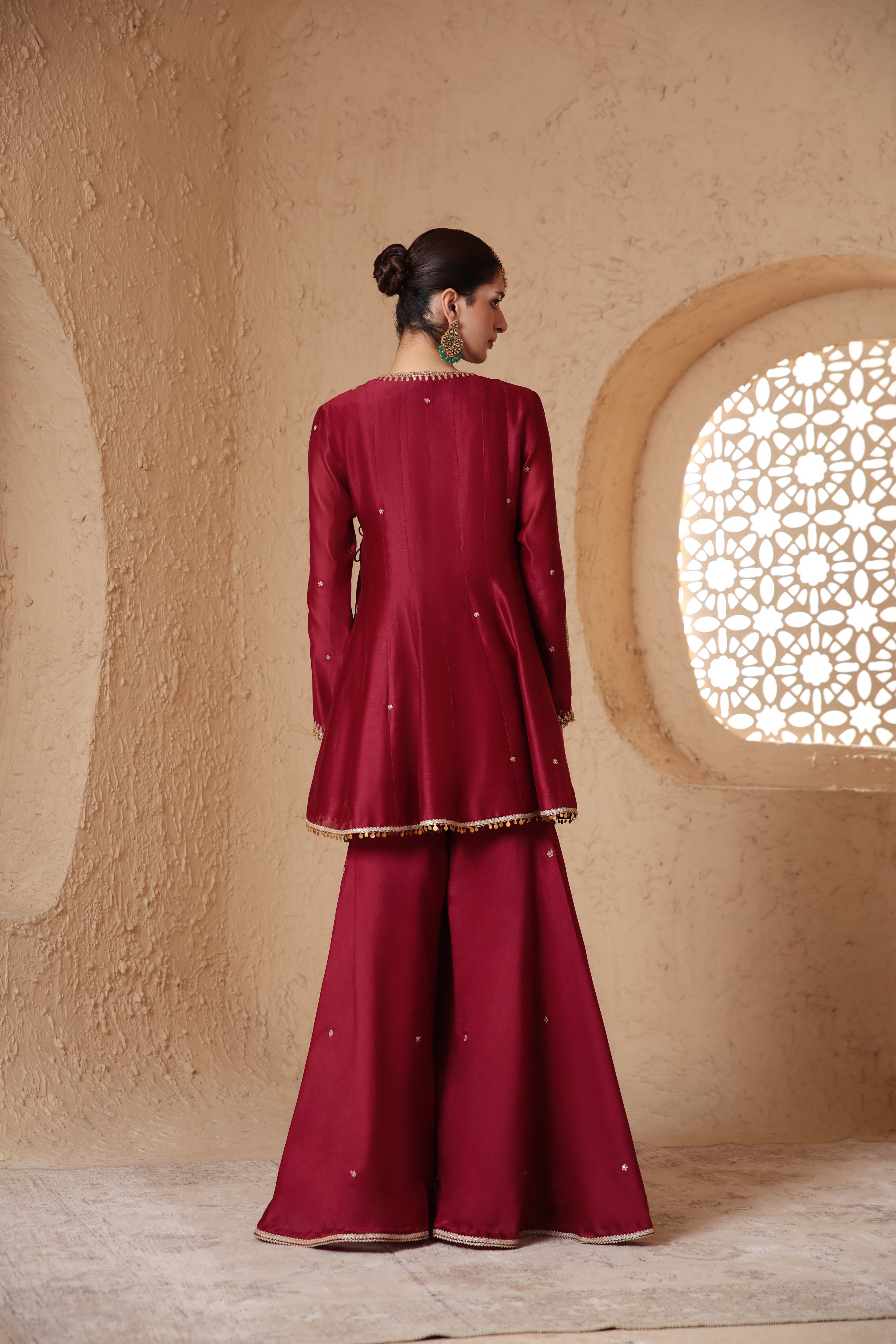 Mehrang Maroon Angrakha Sharara Set