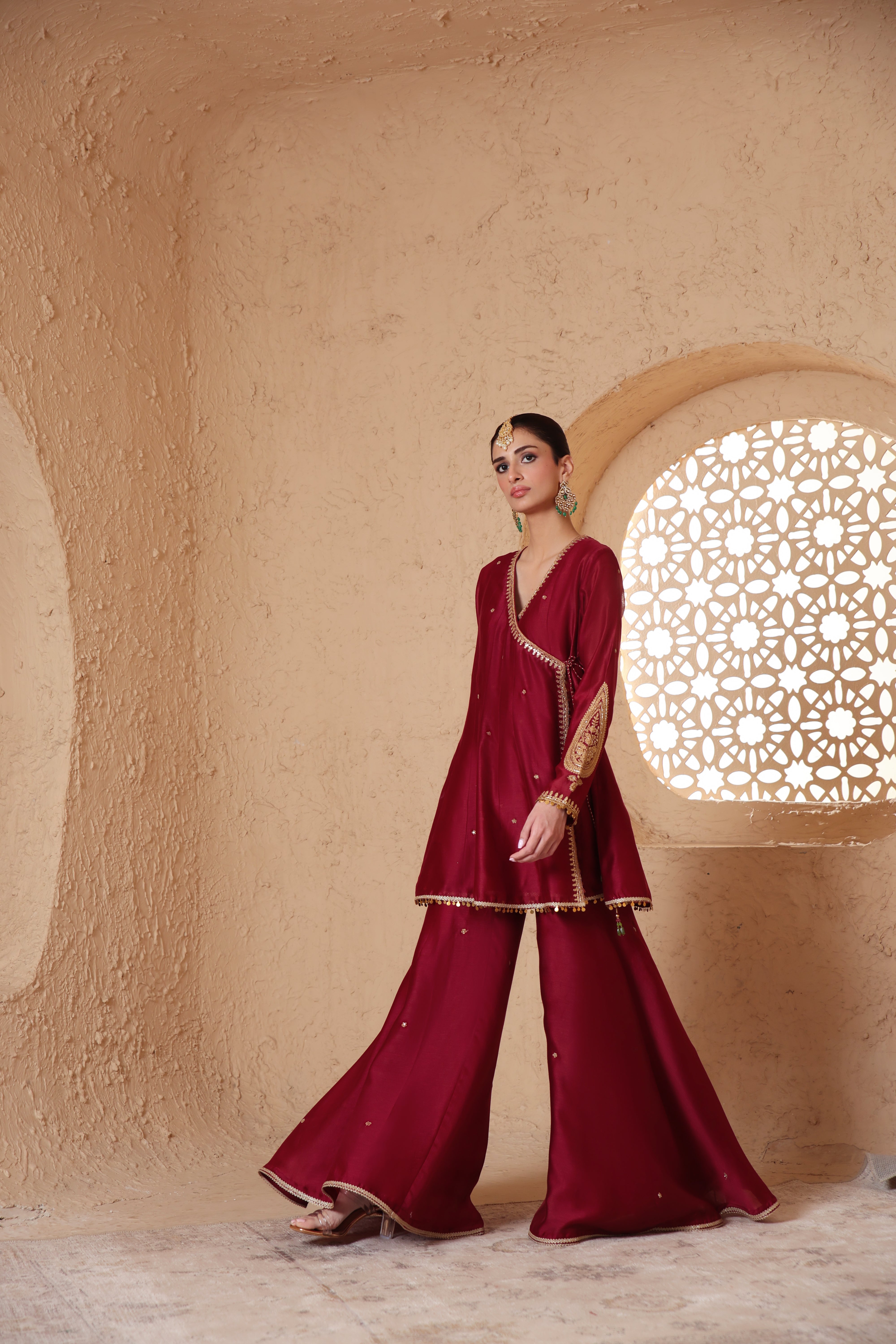 Mehrang Maroon Angrakha Sharara Set