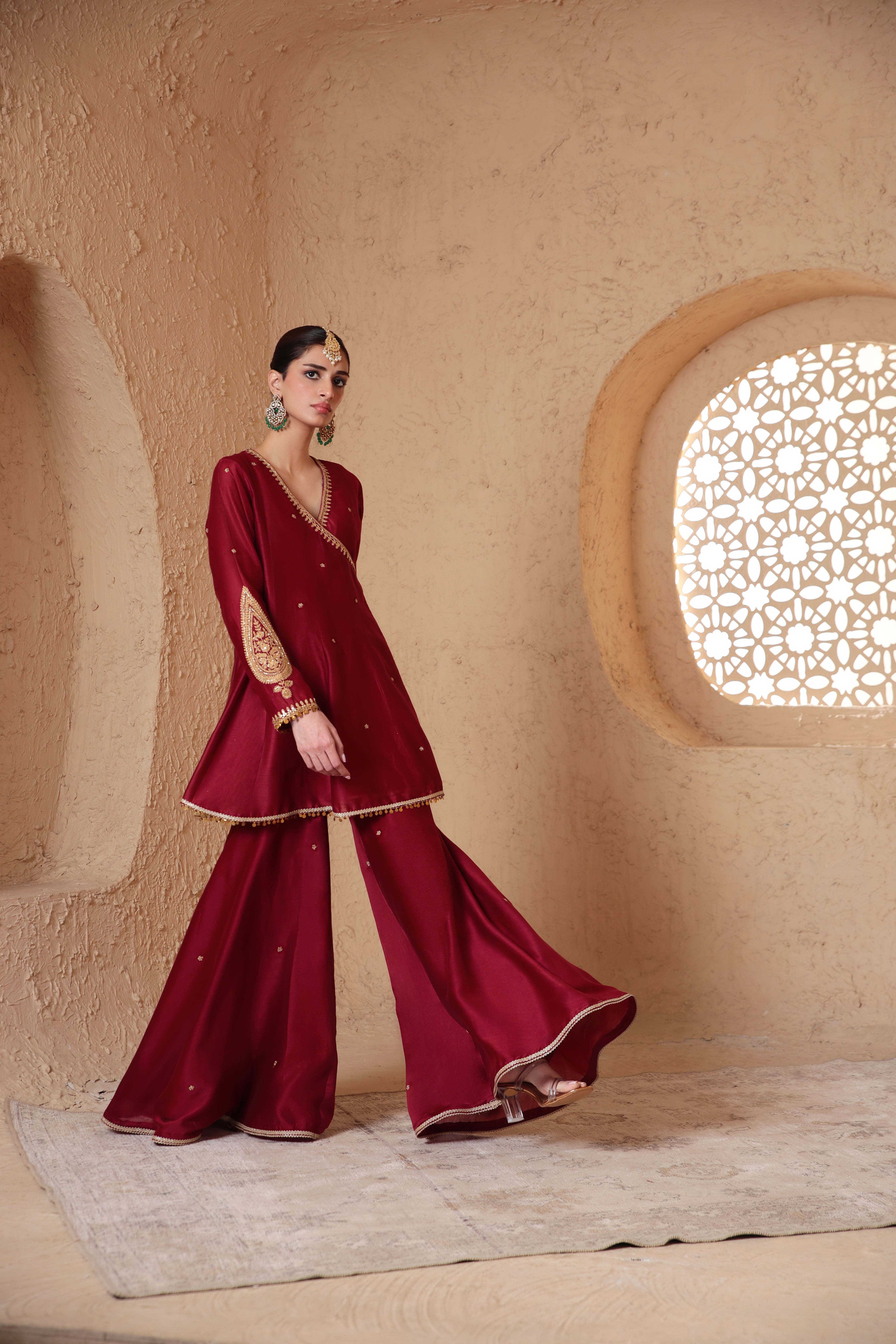Mehrang Maroon Angrakha Sharara Set
