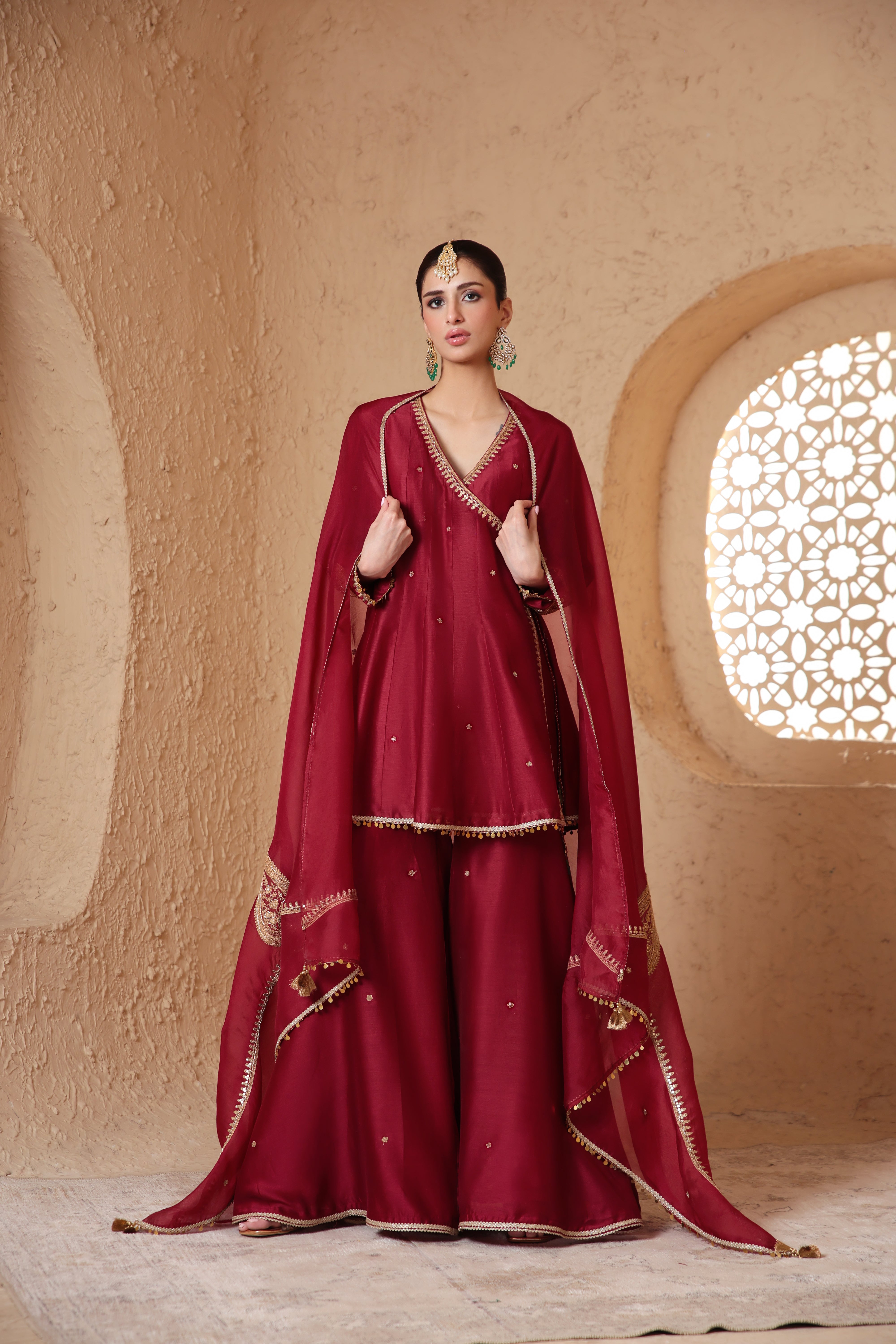 Mehrang Maroon Angrakha Sharara Set