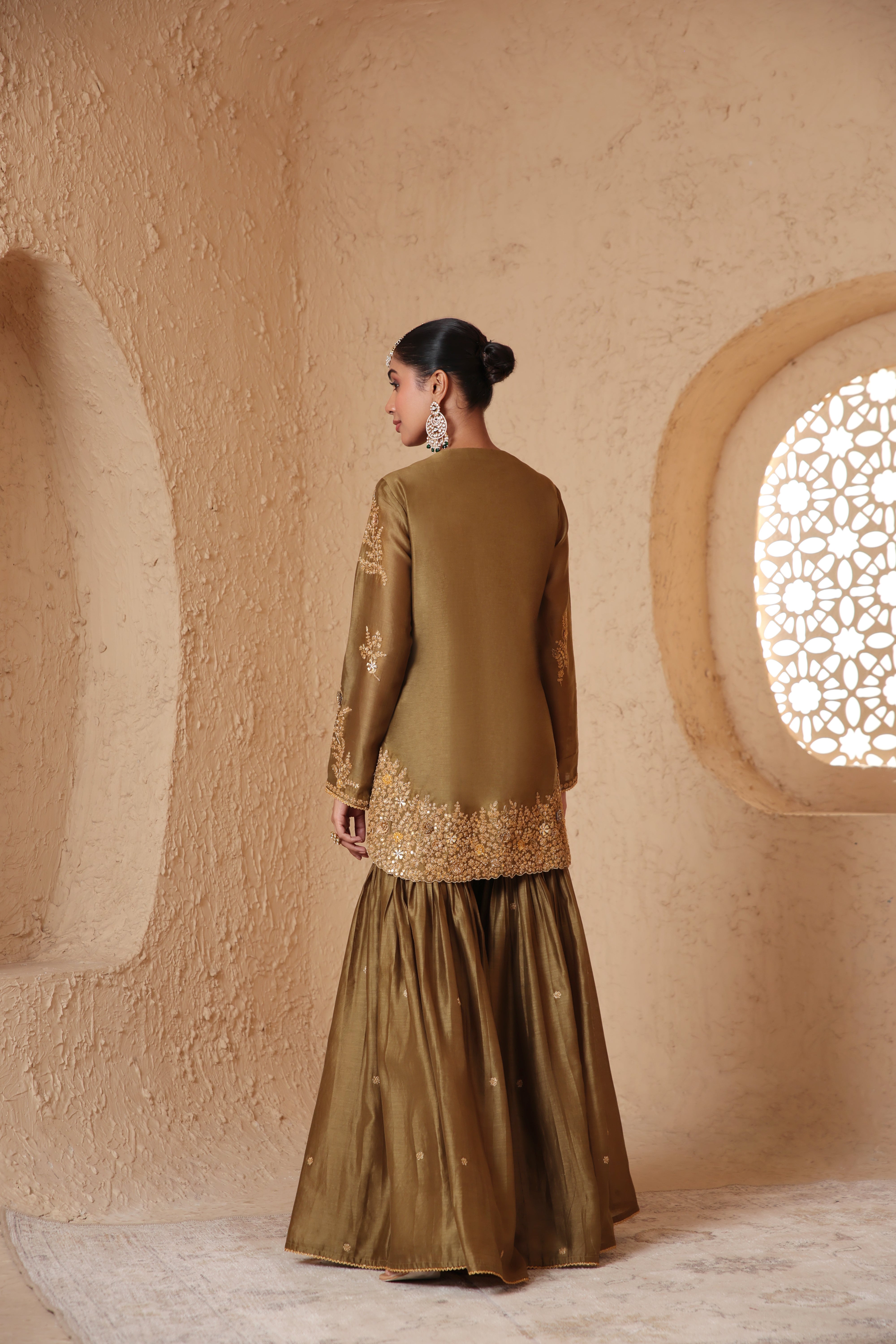 Mehrang Olive Green Heavy Sharara Set