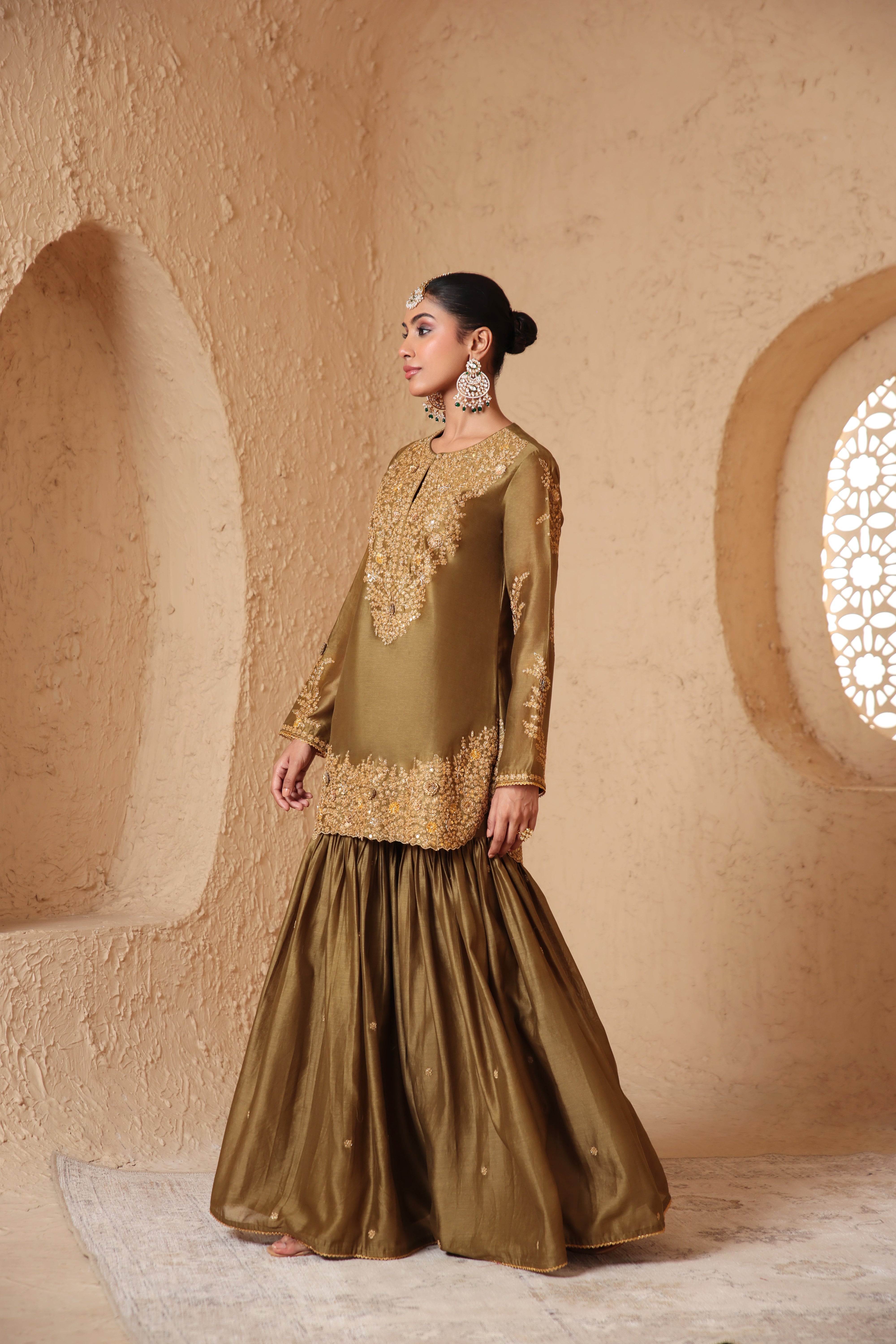 Mehrang Olive Green Heavy Sharara Set