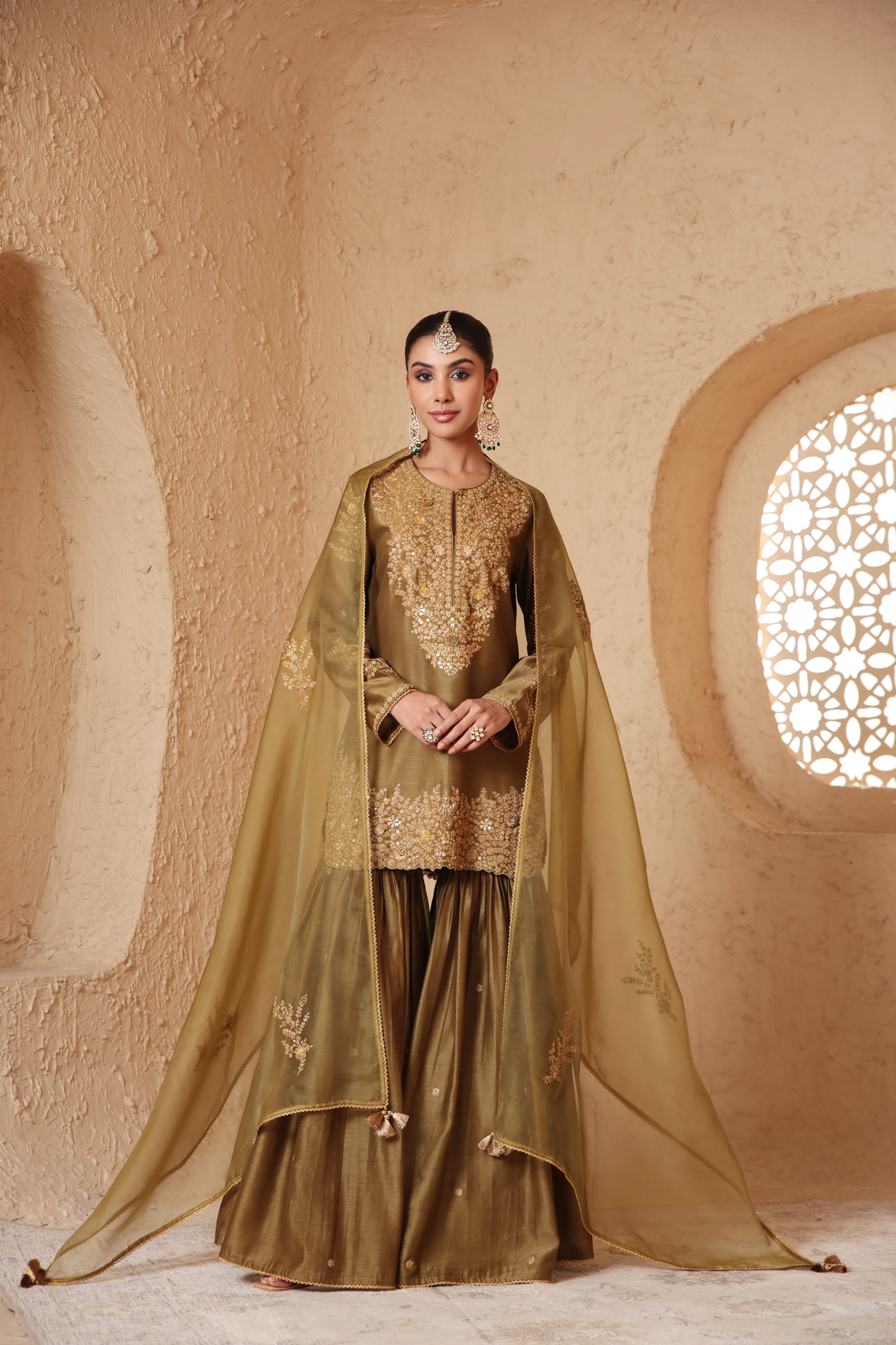 Mehrang Olive Green Heavy Sharara Set
