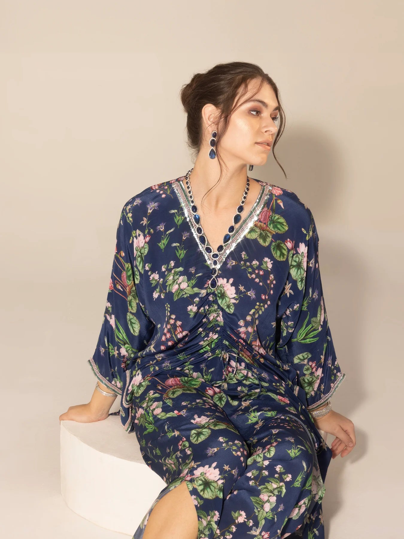 Navy Blue Botanical Drawstring Kaftan & Pants Set