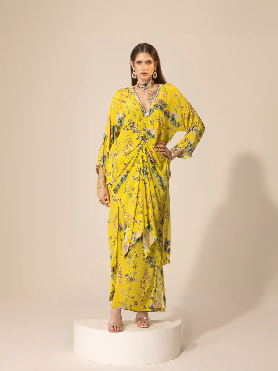 Yellow Botanical Drawstring Kaftan & Pants Set