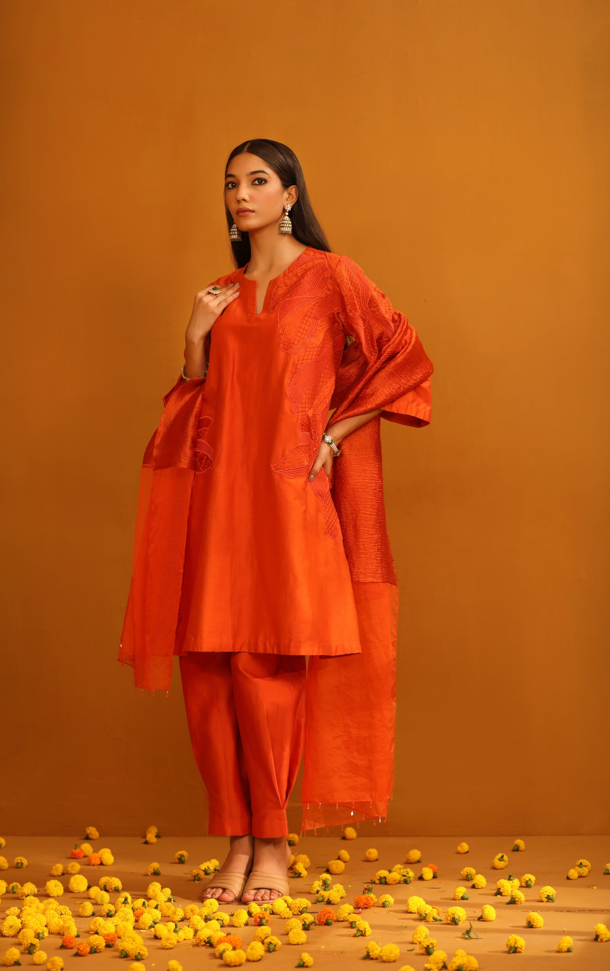 Huma Applique Suit Set - Orange