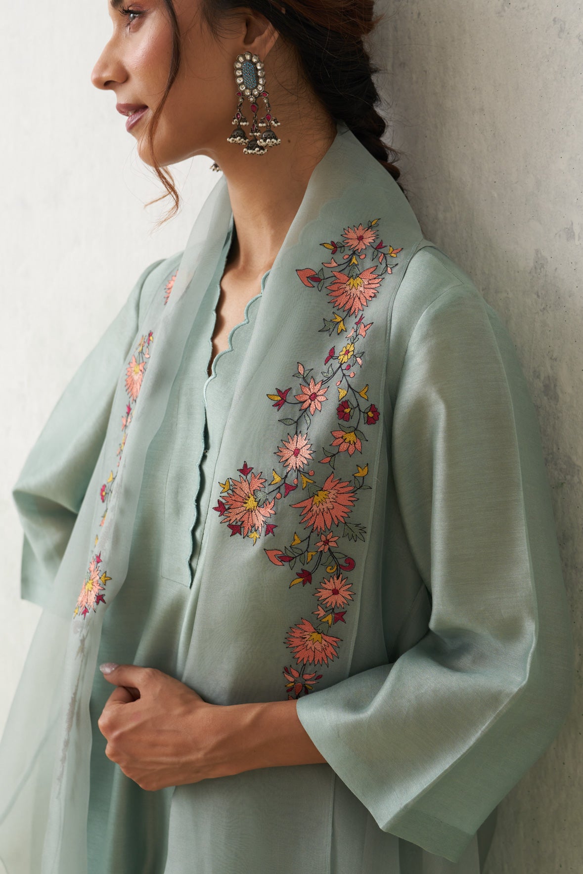 Aqua Chanderi Kashmiri Emb. Kurta Set