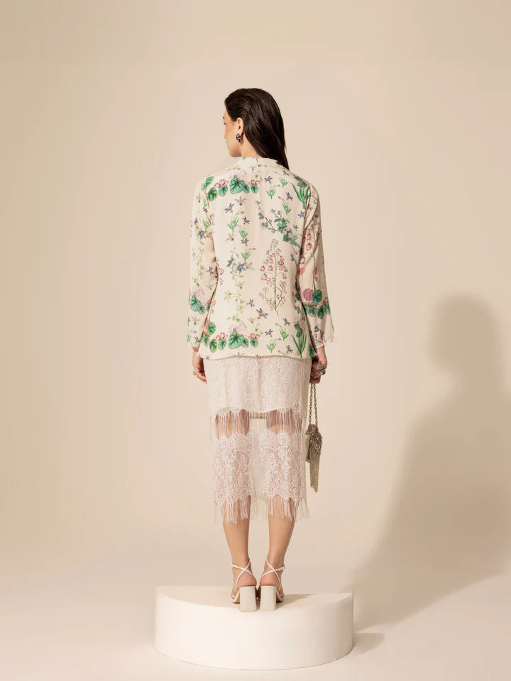 Ivory Botanical Printed Shirt & Chantilly Lace Skirt Set