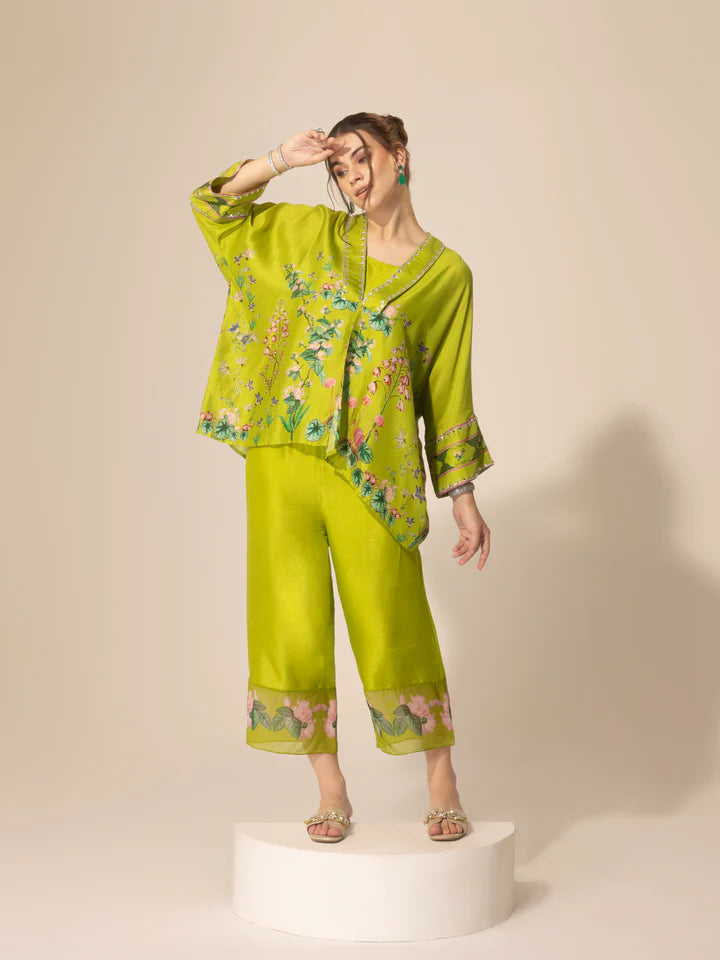 Lime Green Botanical Short Kaftan & Ankle Pants Set