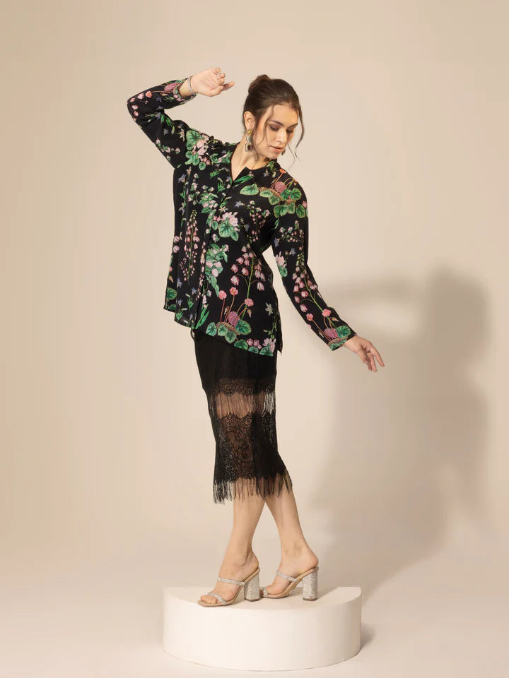 Black Botanical Printed Shirt & Chantilly Lace Skirt Set (Copy)