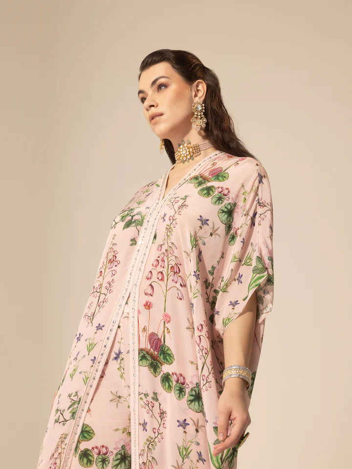 Blush Pink Botanical Long Kaftan & Pants