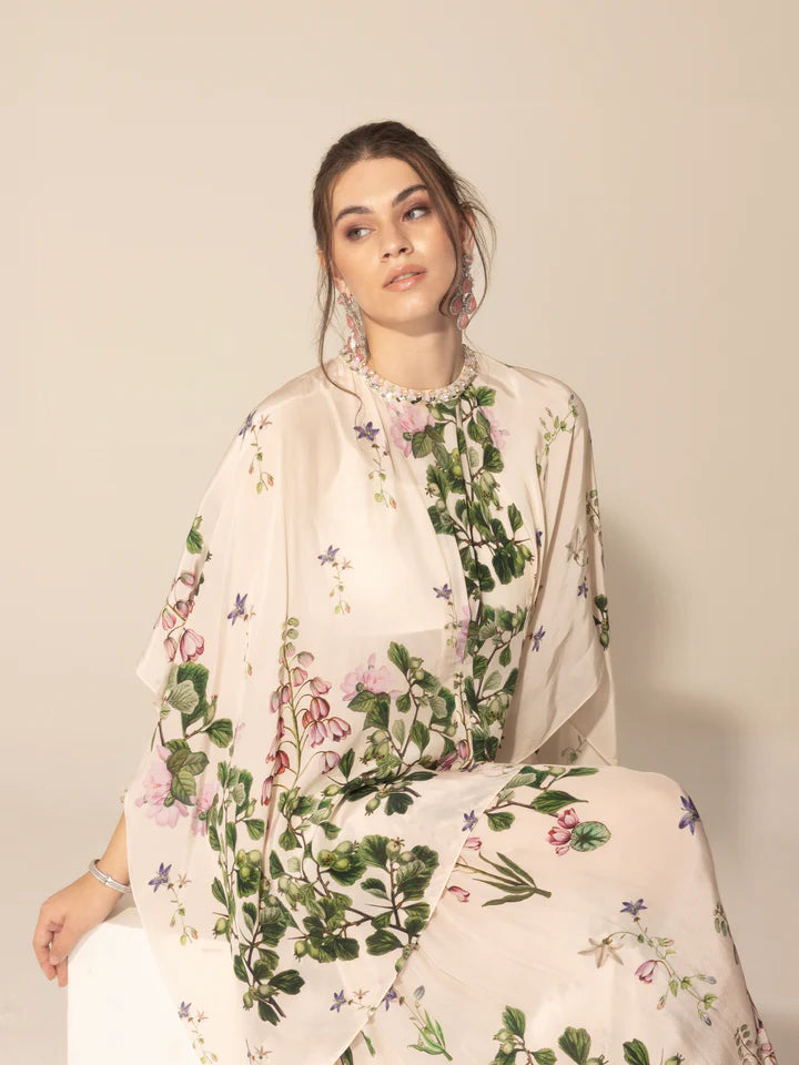 Ivory Botanical Asymmetric Top & Sharara Pants