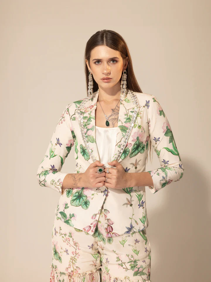 Ivory Botanical Printed Blazer & Sharara