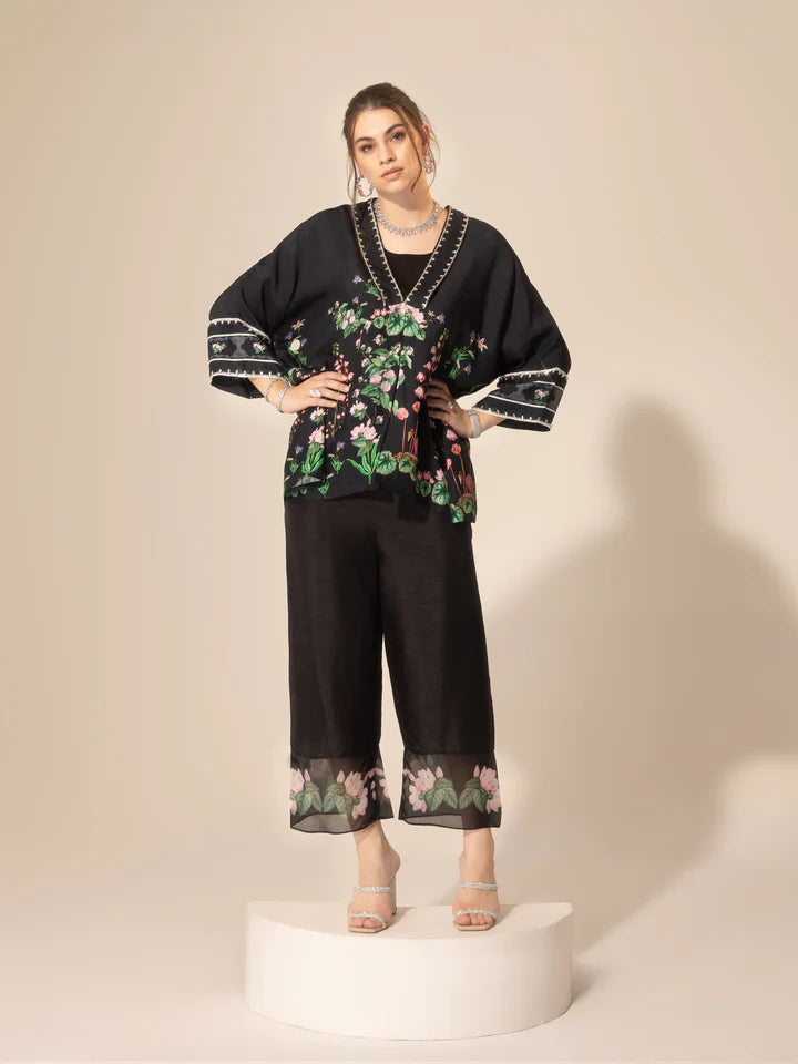 Black Botanical Printed Short Kaftan & Ankle Pants Set