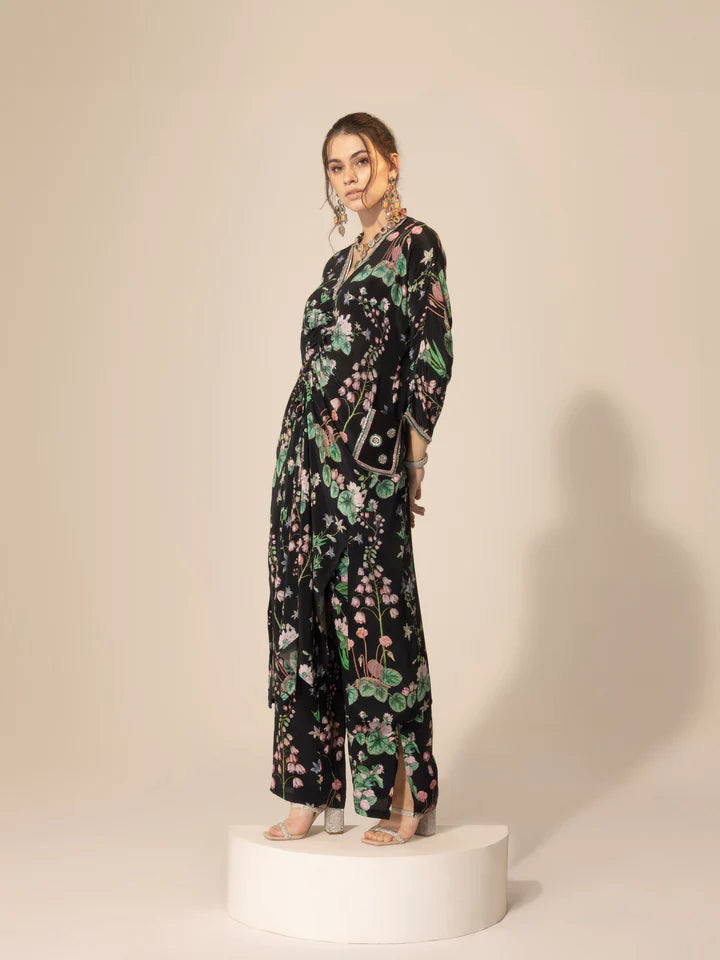 Black Botanical Drawstring Kaftan & Pants Set