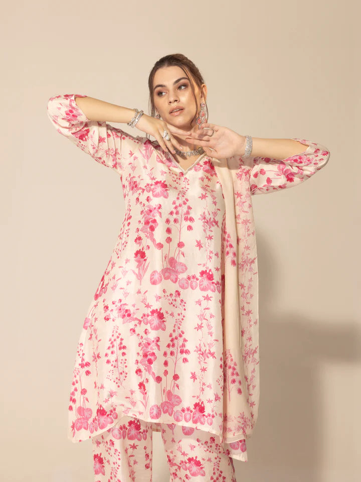 Ivory & Pink  Botanical Printed Kurta Set