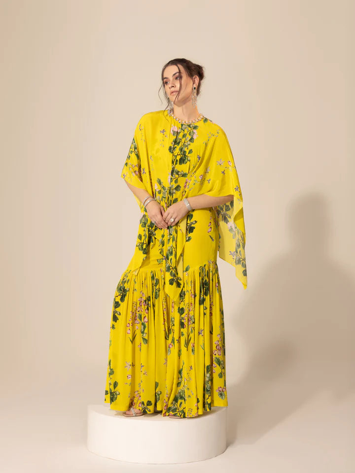 Yellow Botanical Asymmetric Top & Sharara Pants