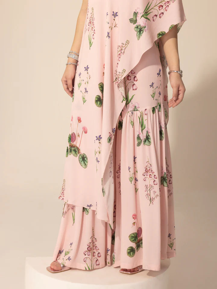 Blush Pink Asymmetrical One Shoulder Tunic & Sharara Pants