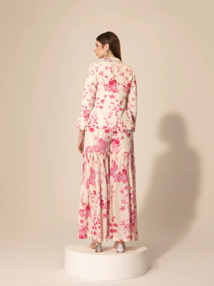 Ivory & Pink  Botanical Printed Blazer & Sharara