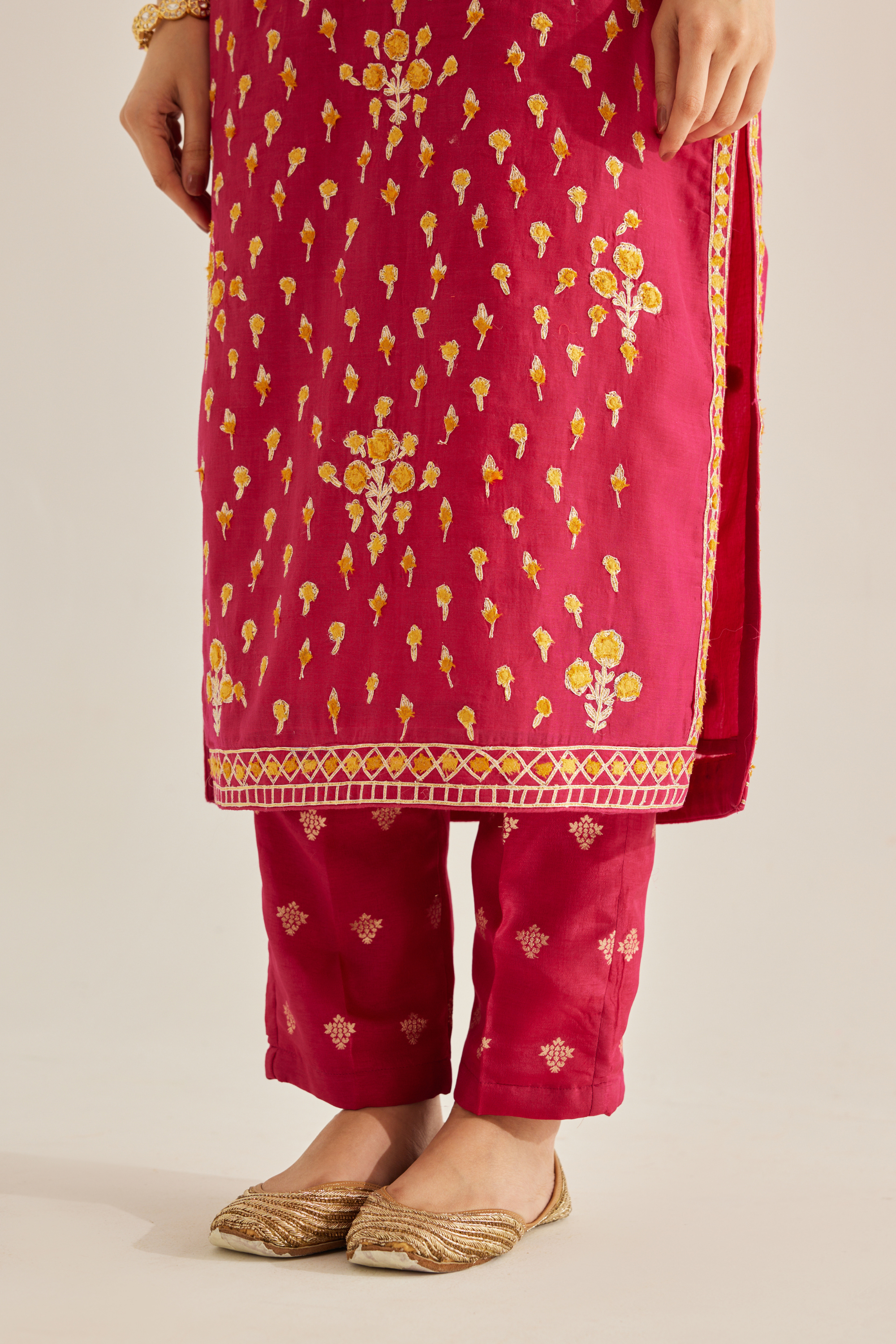 Gold Appliqued Embroidered Silk Chanderi Kurta And Dupatta With Trousers.