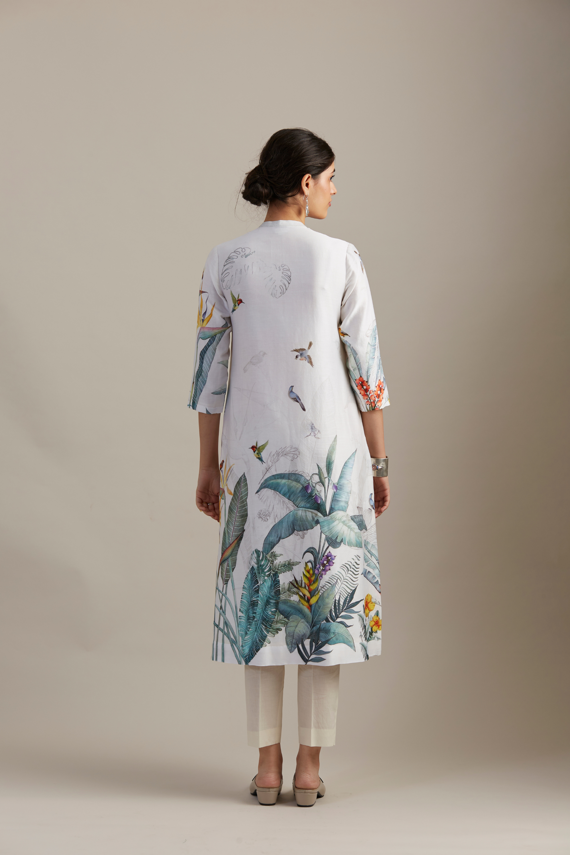 Ivory Silk Chanderi Kurta, Adorned With Forest Print