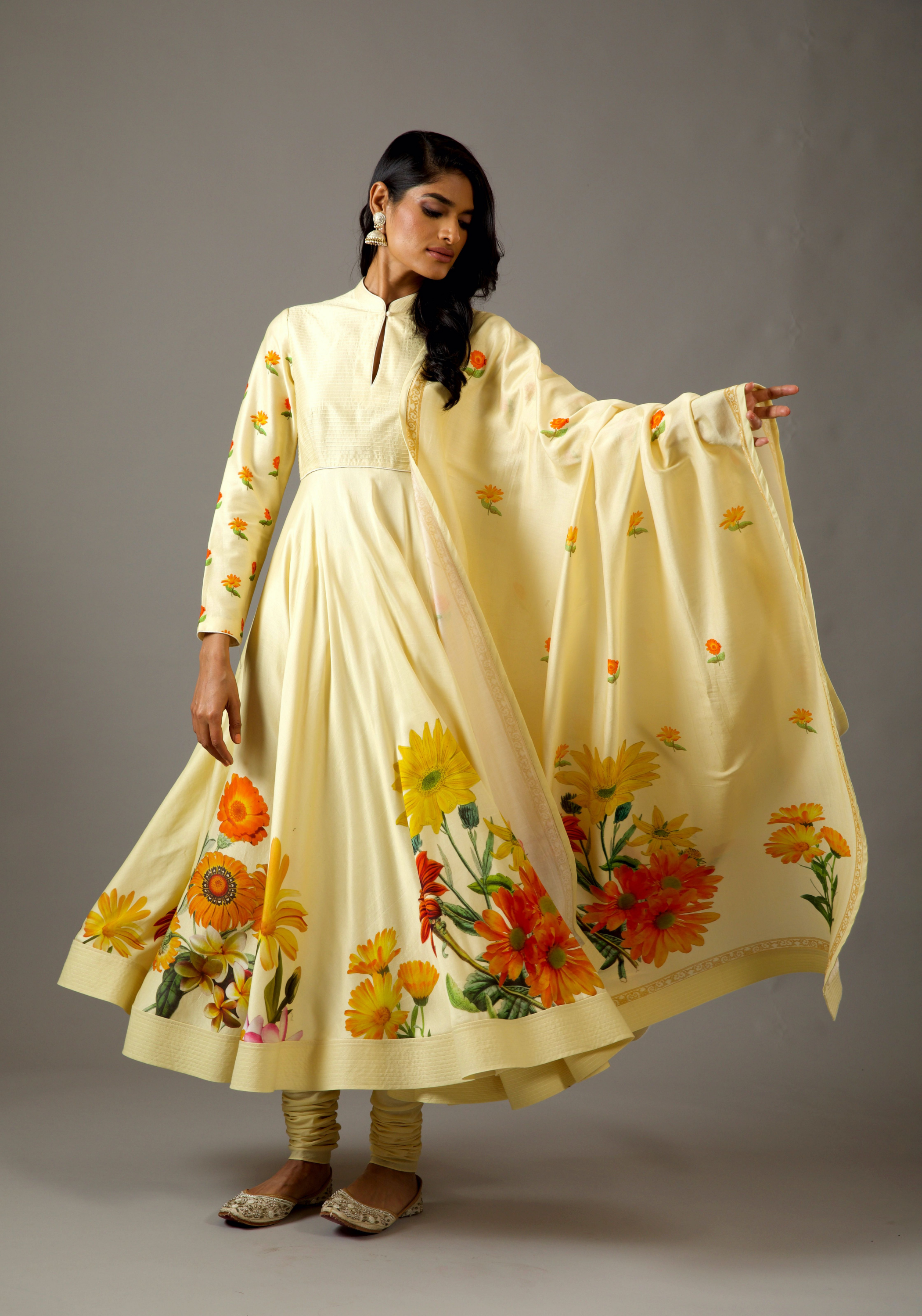 Chanderi Silk Lemon Yellow Printed Anarkali Set