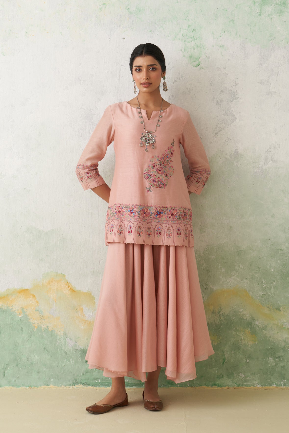 Soft Pink Chanderi Kashmiri Emb. Short Kurta