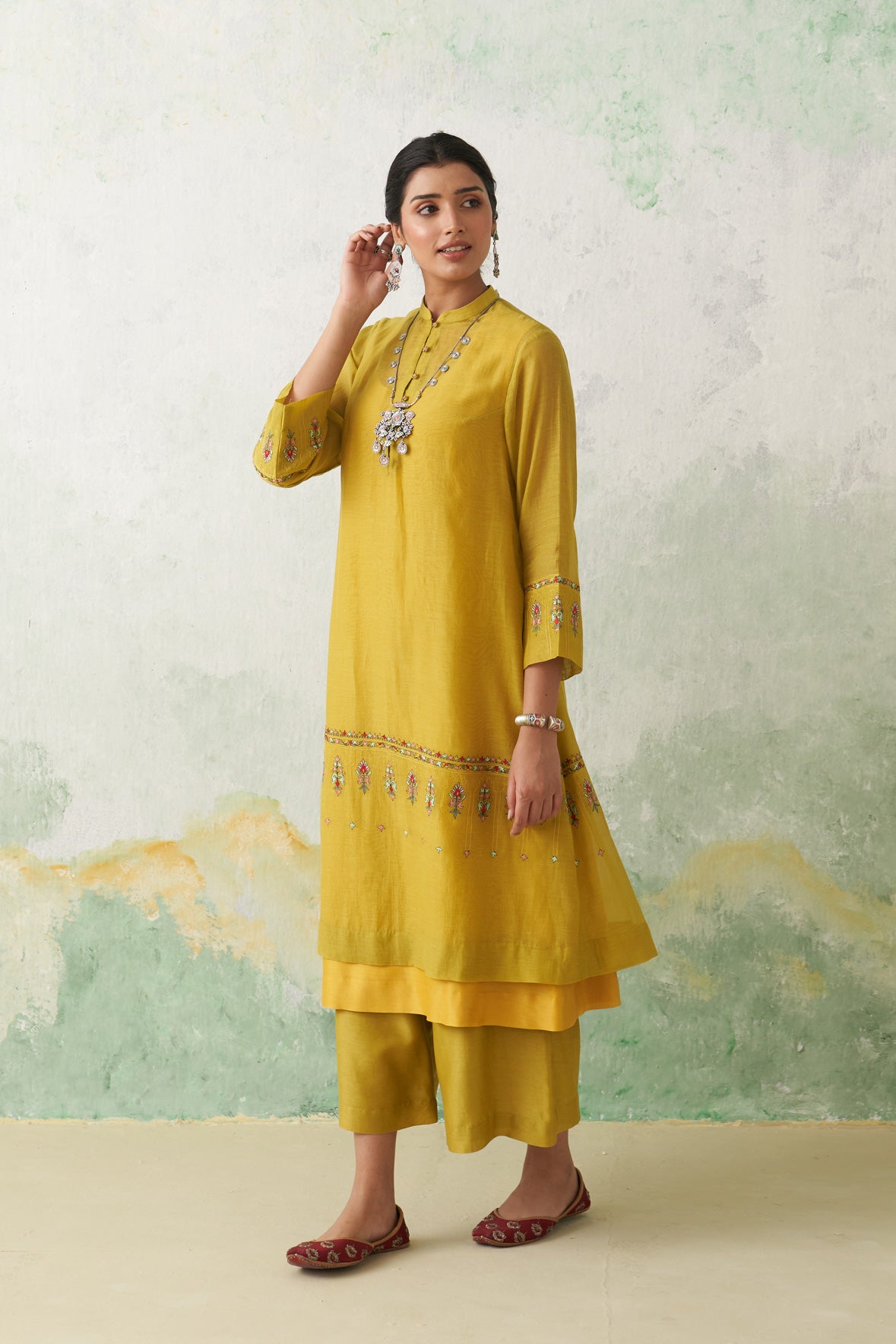 Lime Green Thin Chanderi Multicolour