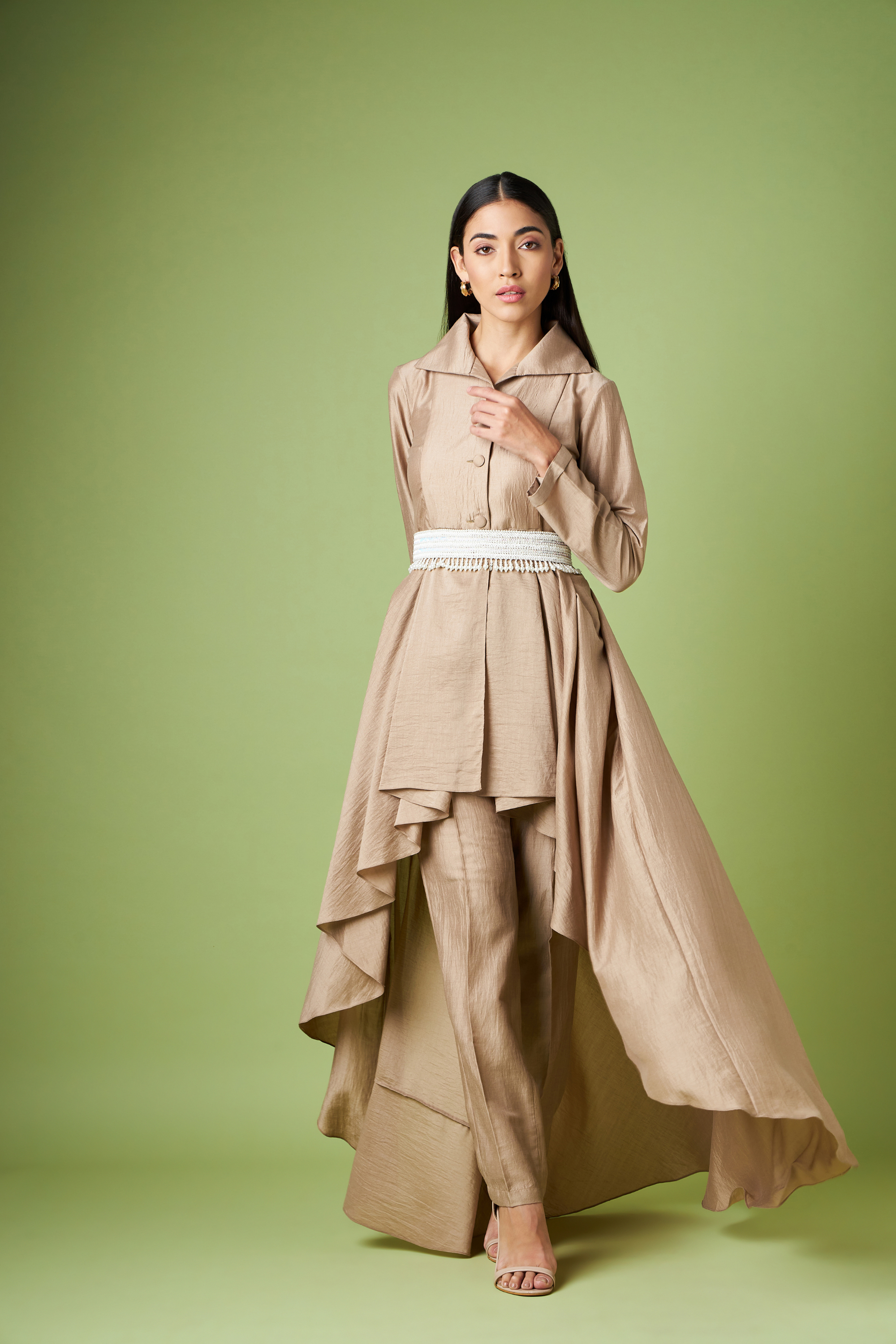 Almond  Draped Tunic Co-ord Set With  Pearl Embellished Belt