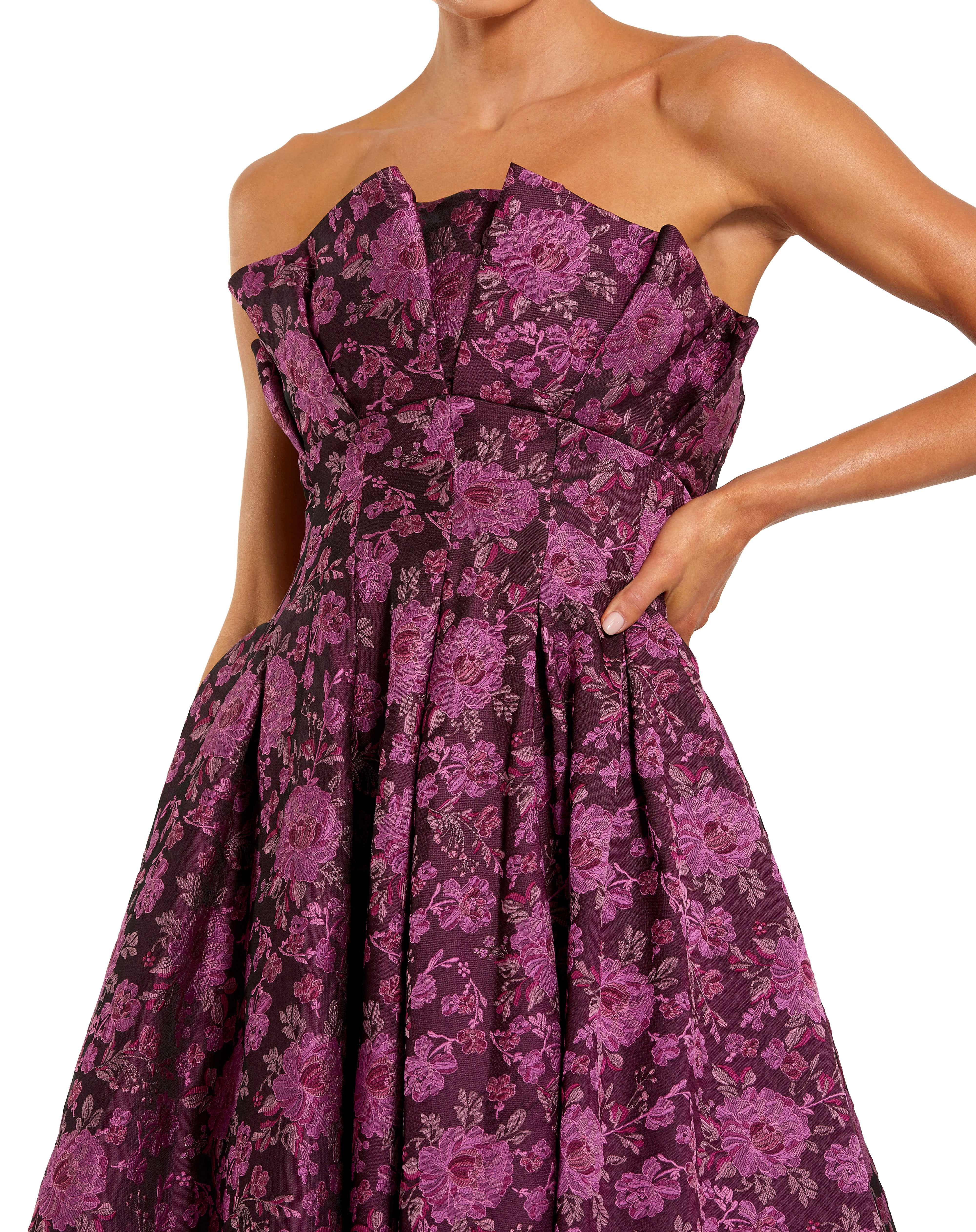 Purple Strapless Floral Brocade A-line Midi Dress