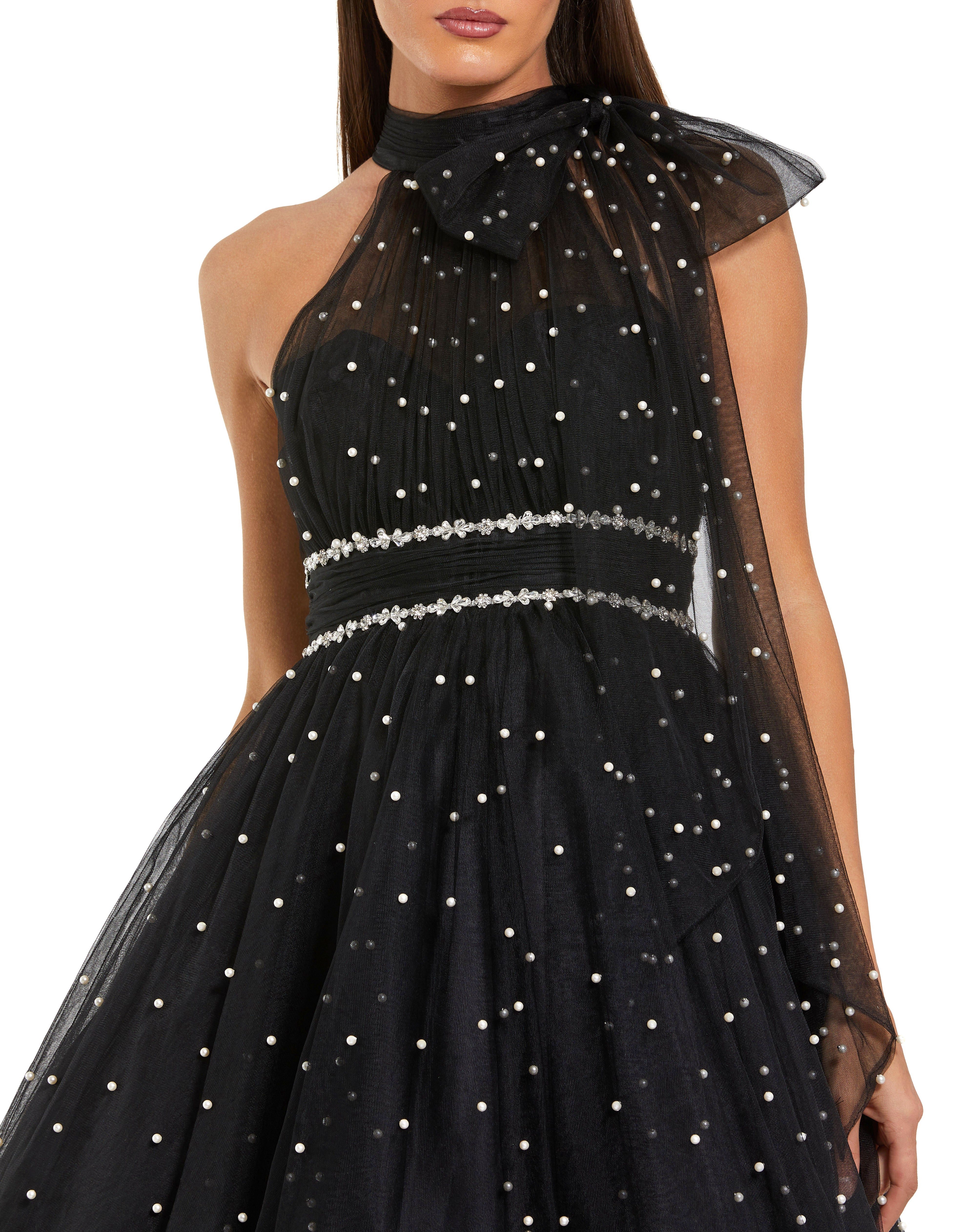 Black Pearl Embellished A Line Mini Dress